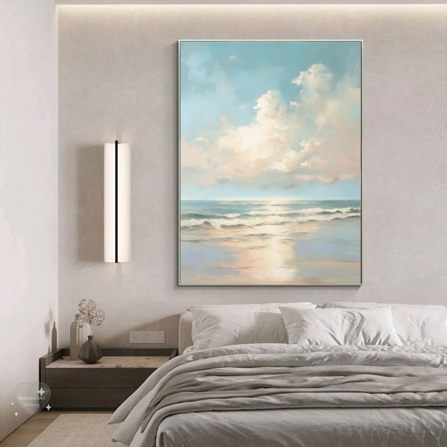 Calm Coastal Sky and Sea Abstract - Soft Blue and Beige Oil Painting #JJ 118