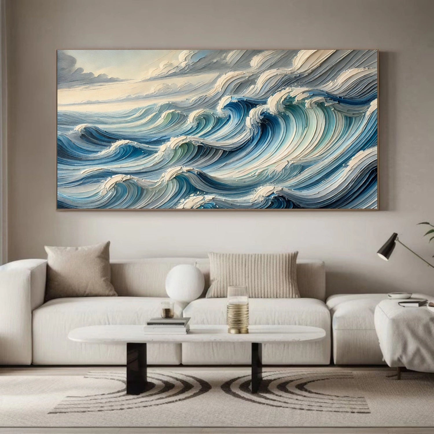 Unique Wide Blue and White Textured Wave Abstract - Modern Ocean Art Gift #JJ 165