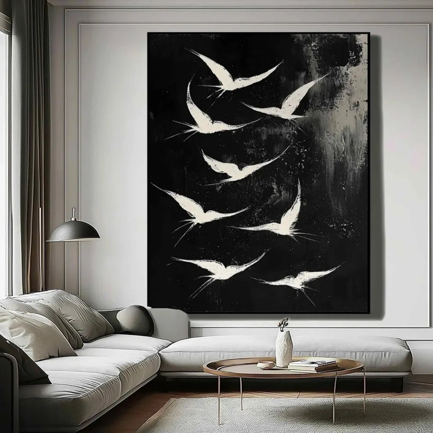 Abstract White Birds Canvas: Minimalist Flight Art #ZZ 032