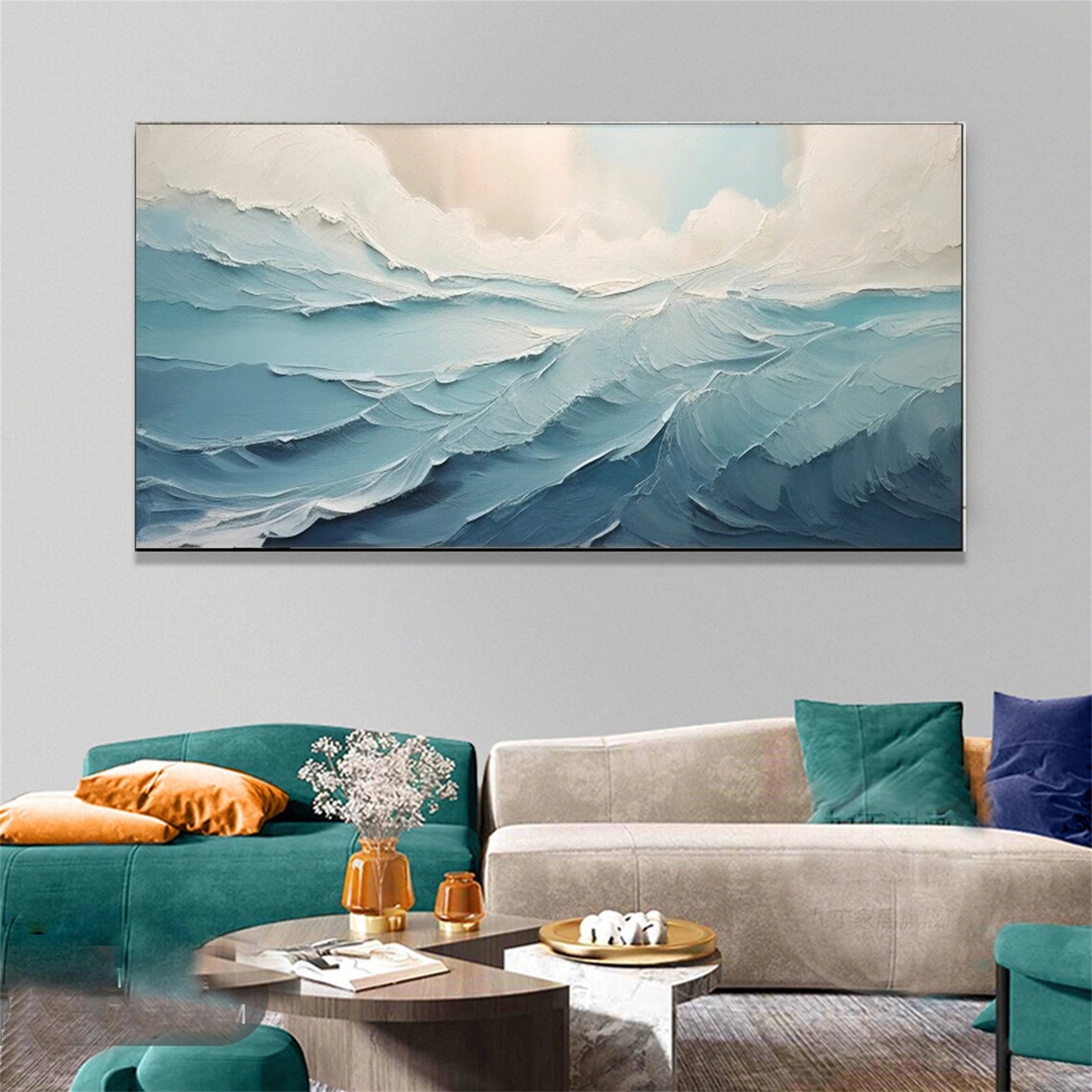 Large Blue Sea Abstract Waves Painting Wall Art - Ocean Painting #JJ 241