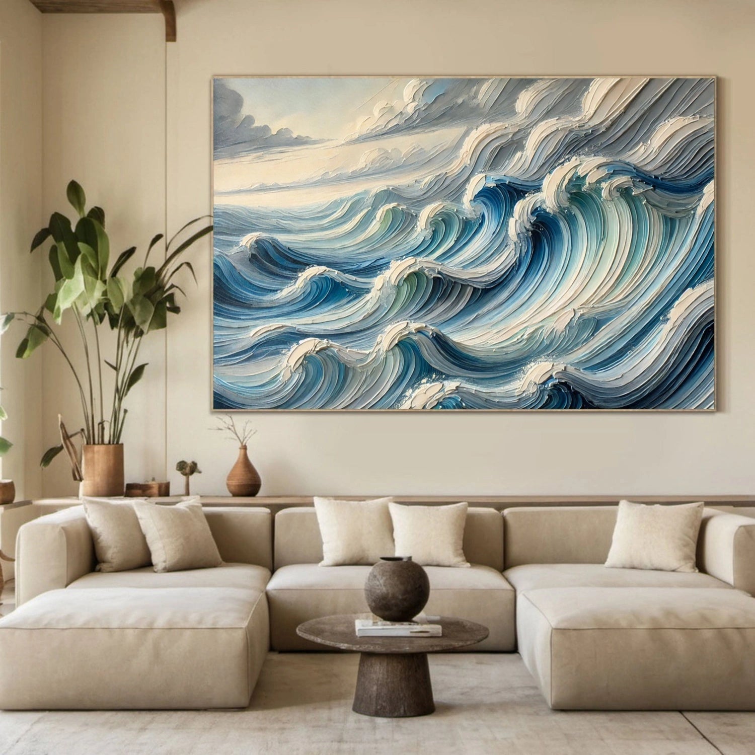 Unique Wide Blue and White Textured Wave Abstract - Modern Ocean Art Gift #JJ 165