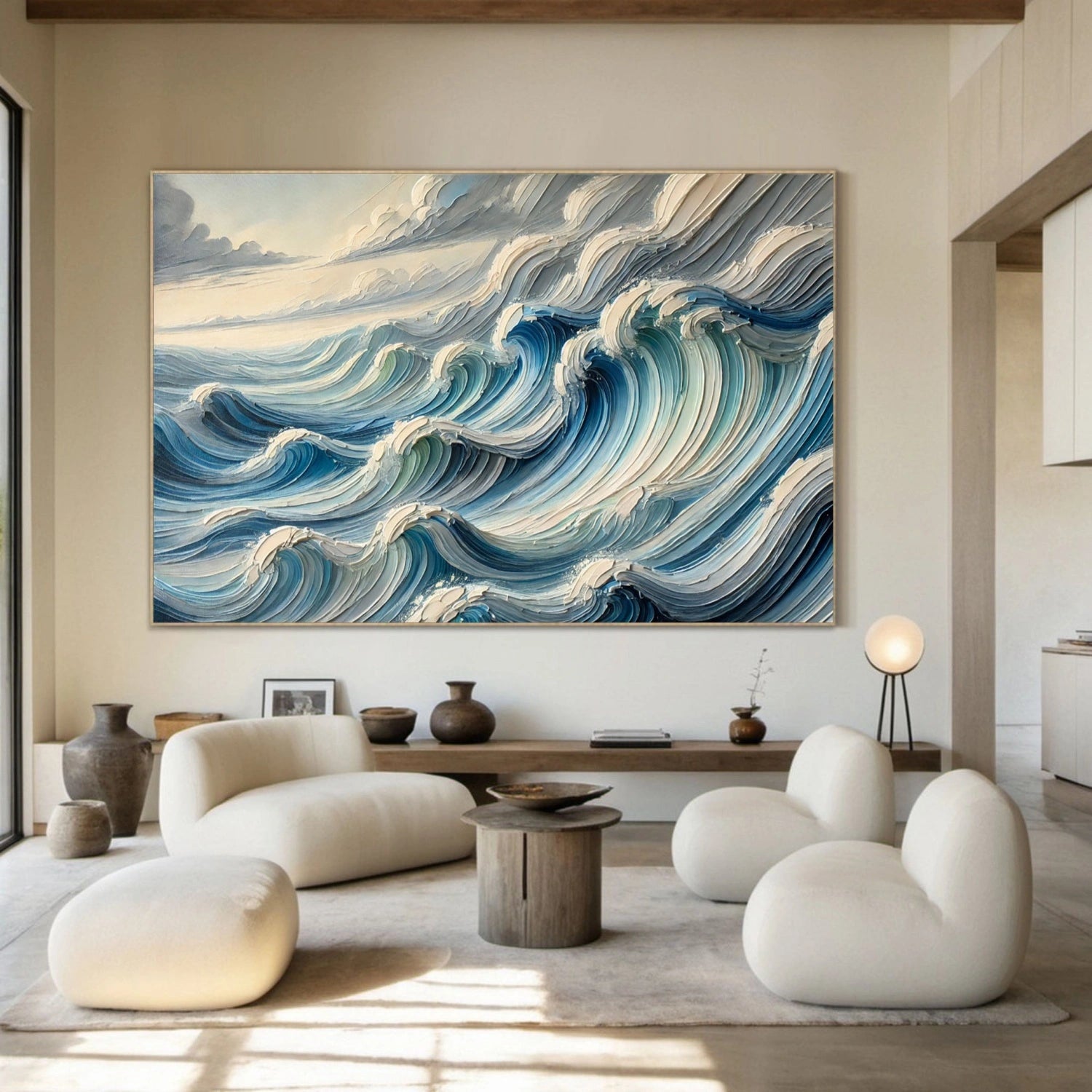Unique Wide Blue and White Textured Wave Abstract - Modern Ocean Art Gift #JJ 165