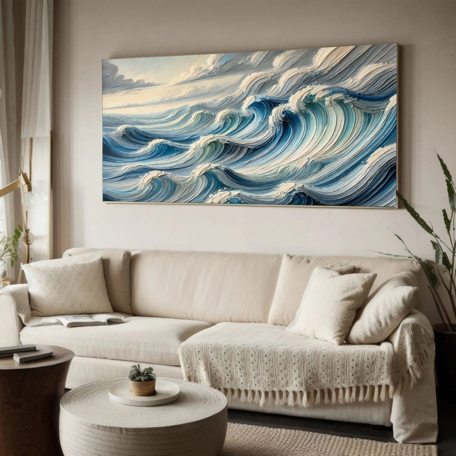 Unique Wide Blue and White Textured Wave Abstract - Modern Ocean Art Gift #JJ 165