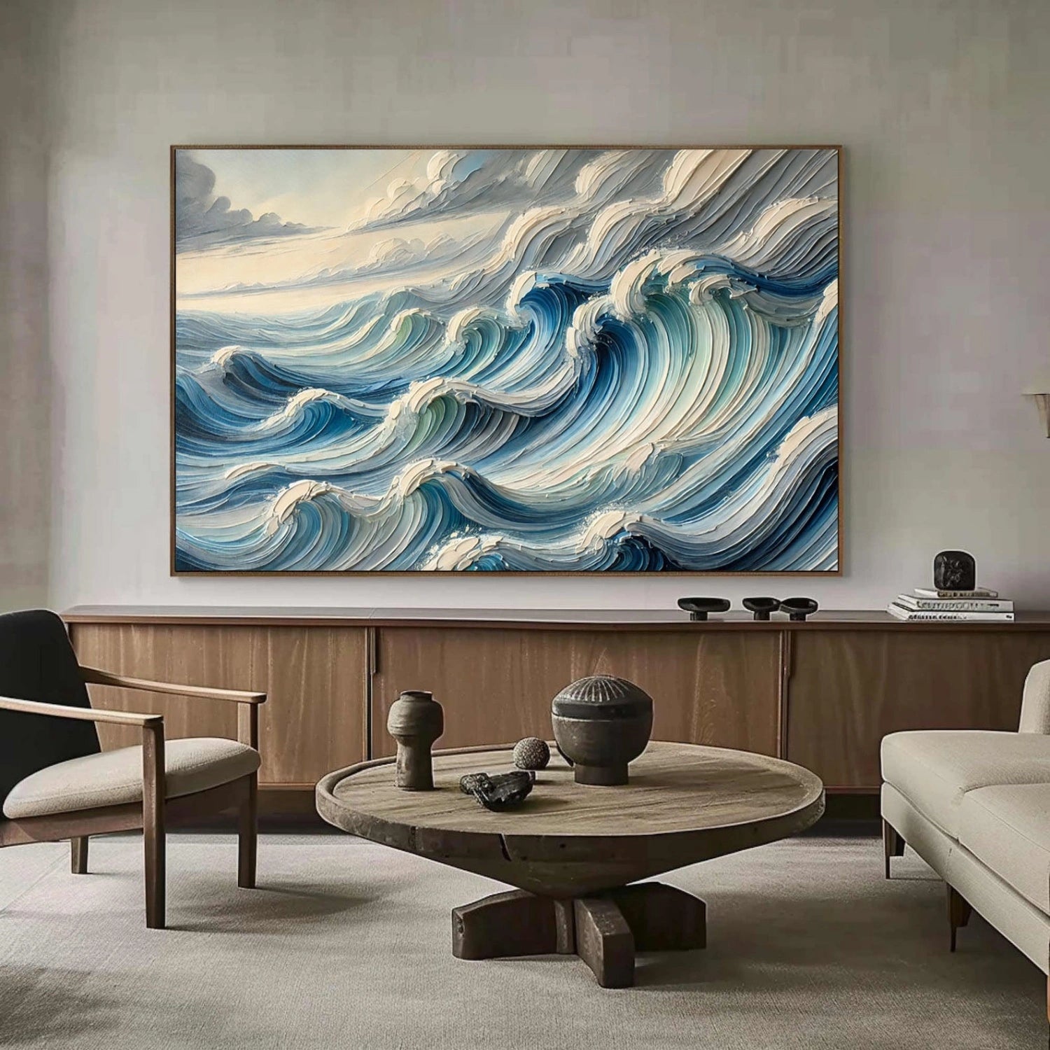 Unique Wide Blue and White Textured Wave Abstract - Modern Ocean Art Gift #JJ 165