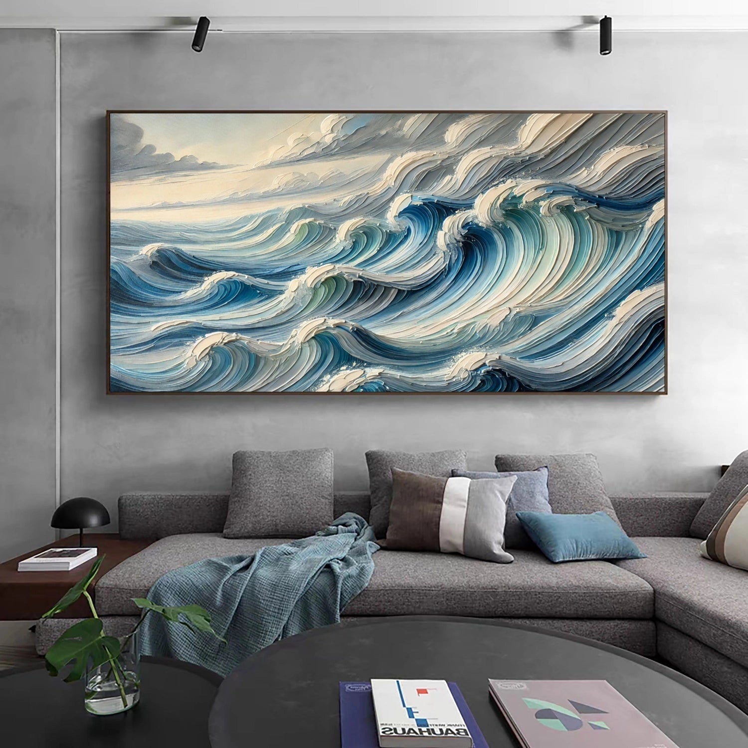 Unique Wide Blue and White Textured Wave Abstract - Modern Ocean Art Gift #JJ 165
