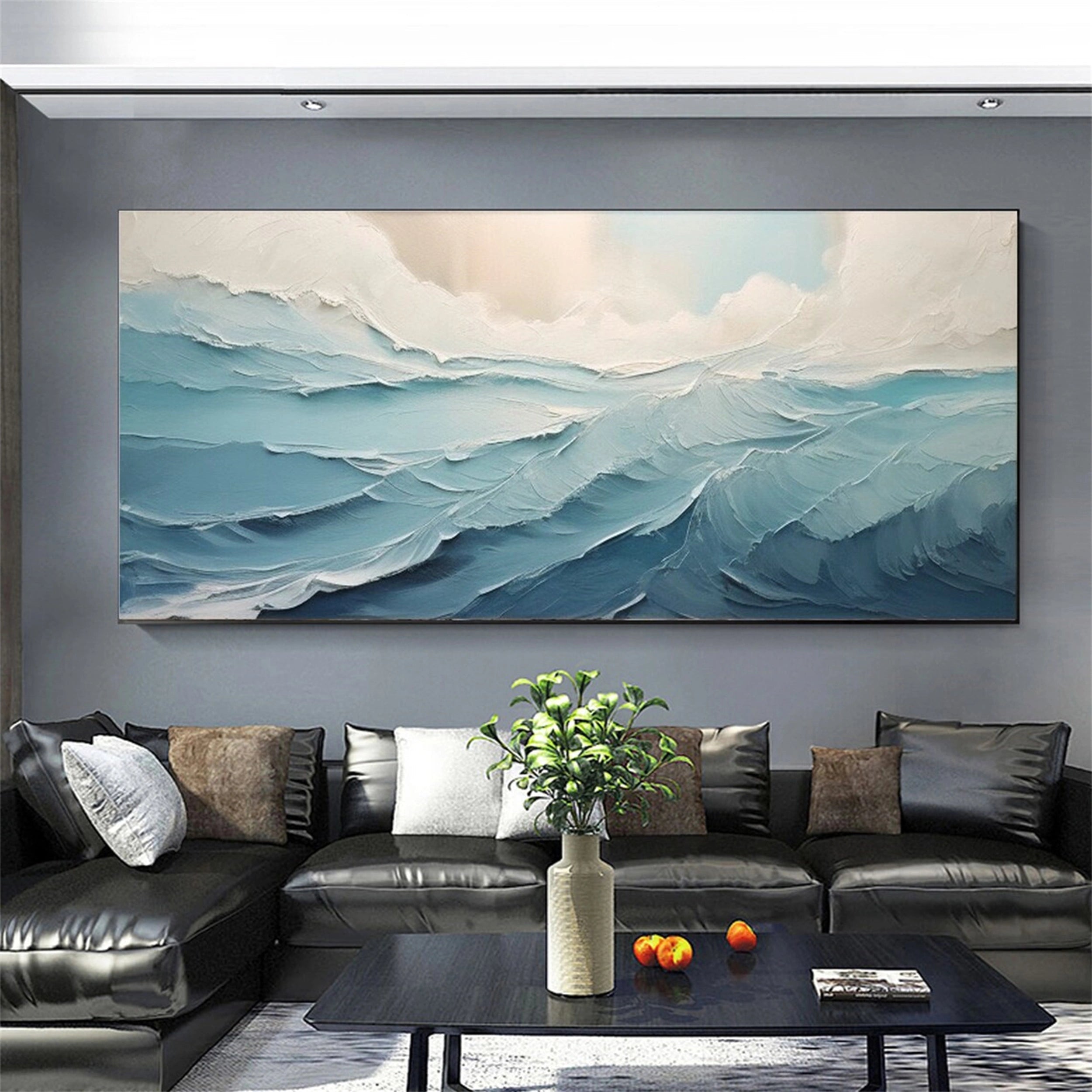 Large Blue Sea Abstract Waves Painting Wall Art - Ocean Painting #JJ 241