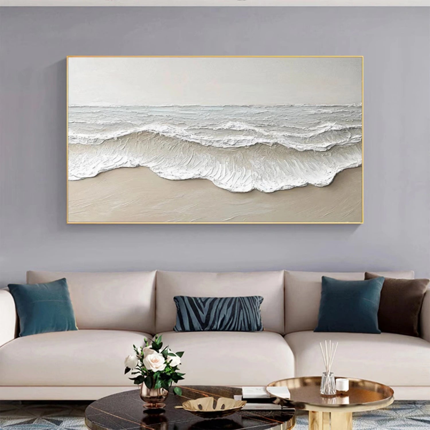 Large Textured Beach Wall Art | Neutral Abstract Ocean Wave Canvas #ZZ 081
