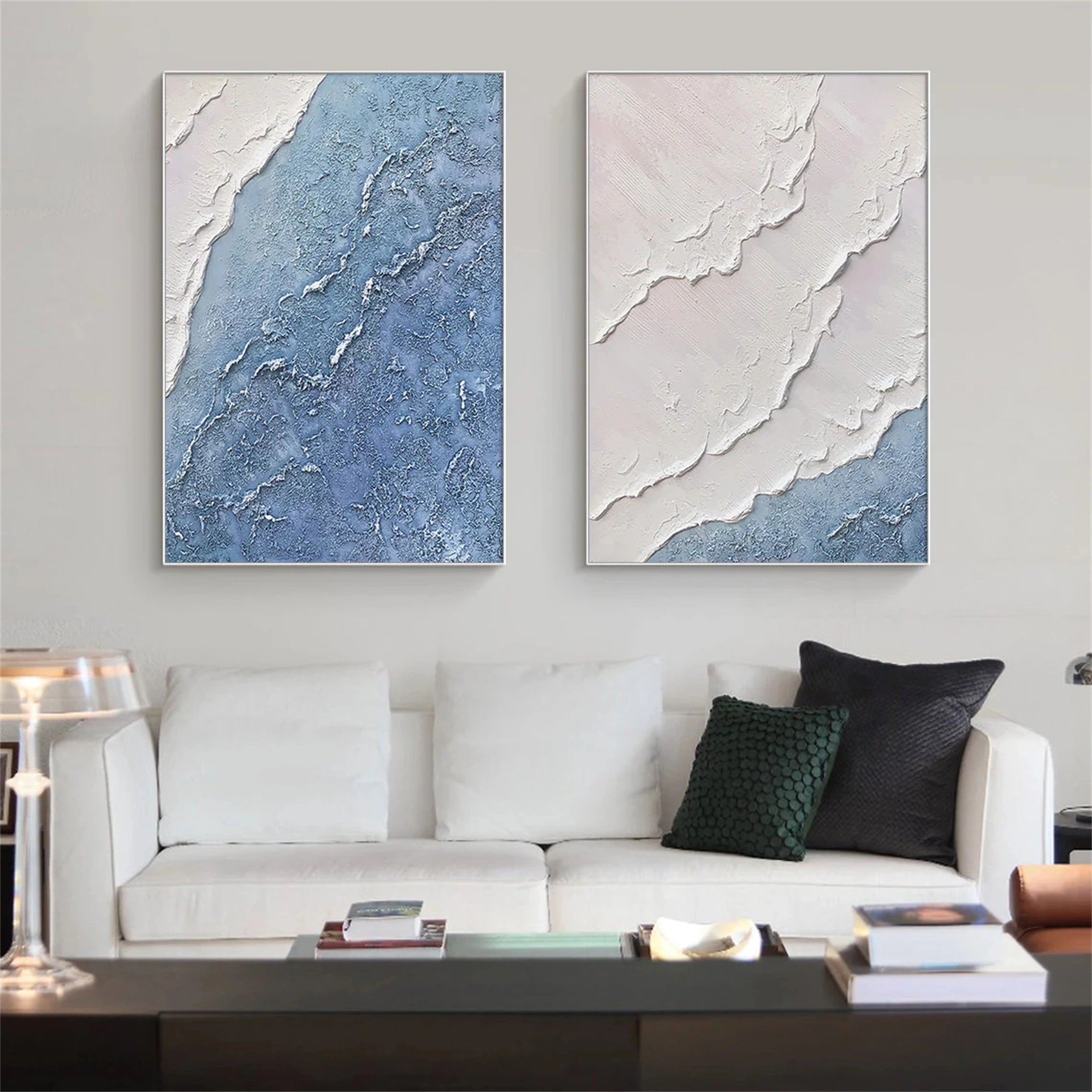 Textured Blue Coast Duo - Serene Modern Art Set Home Decor #JJ 202