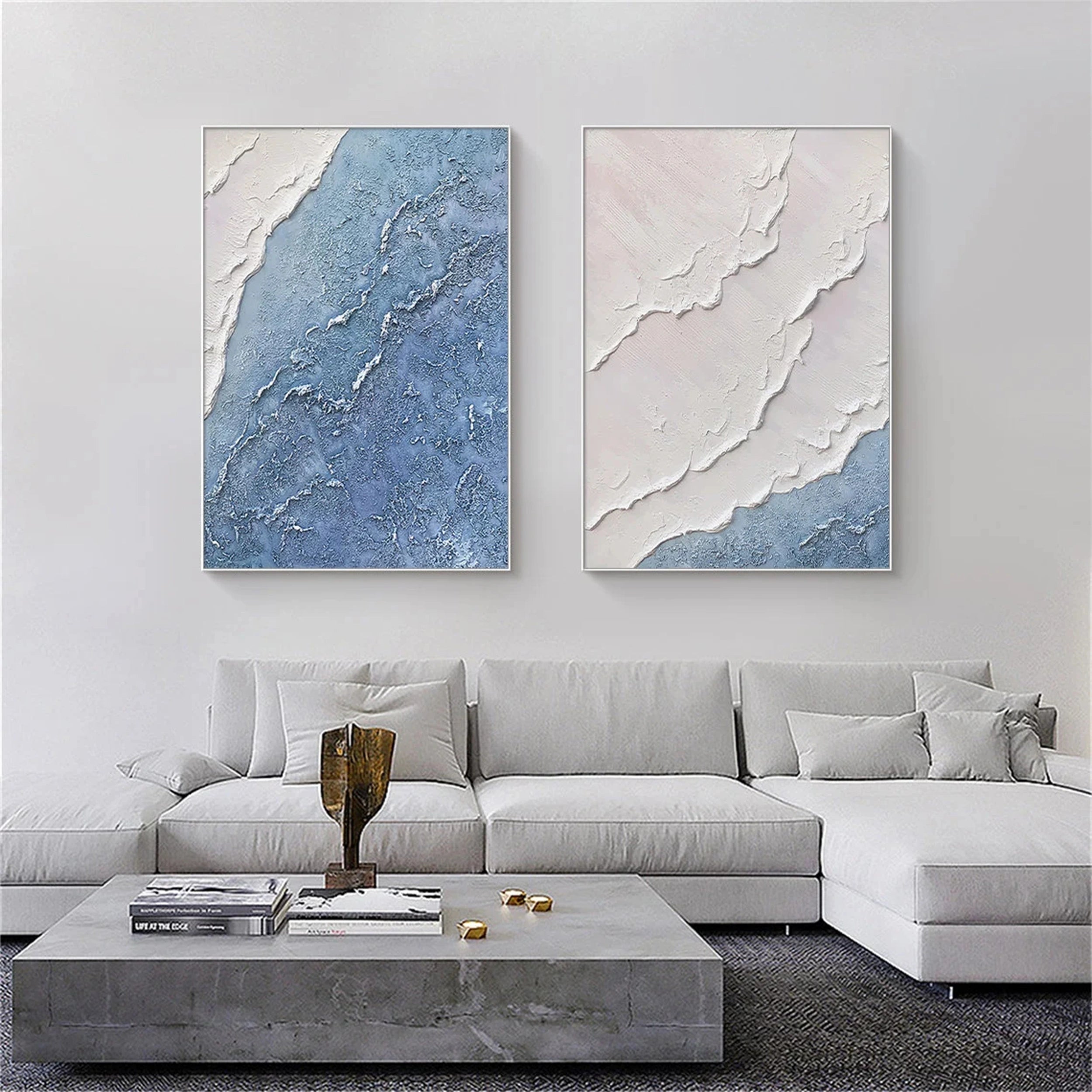 Textured Blue Coast Duo - Serene Modern Art Set Home Decor #JJ 202