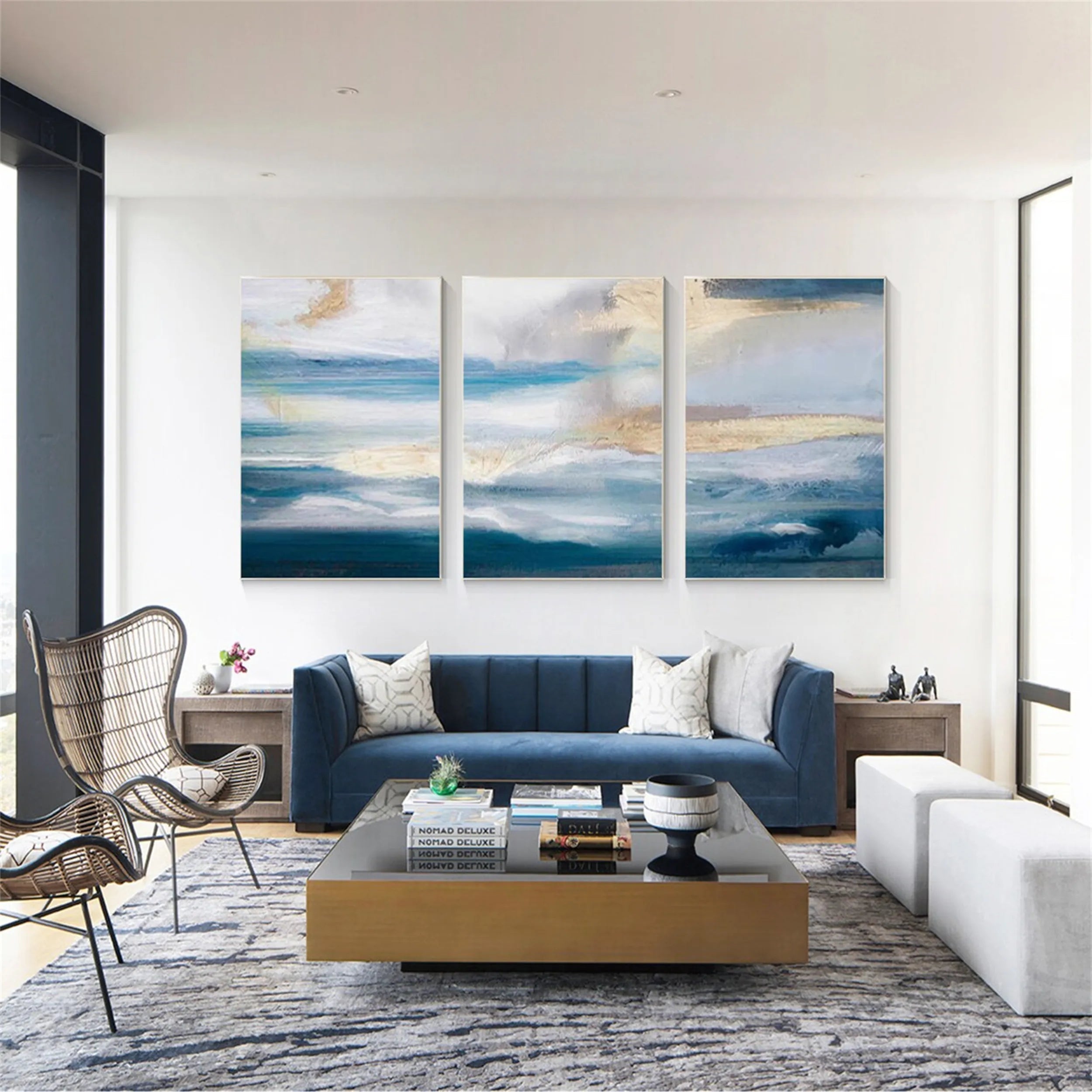Blue & White Minimalist Ocean -Textured Wall Paintings Abstract Art #JJ 215