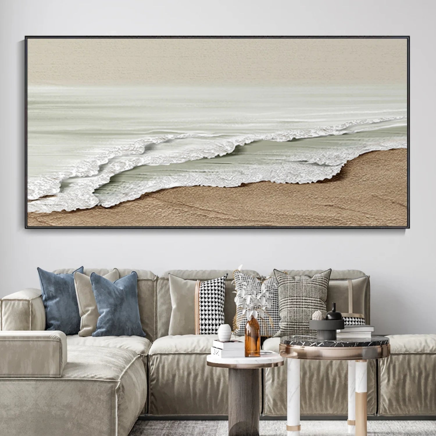 Wide Calm Coastal Sand and Sea Textured Abstract - Beige White Oil Painting #JJ 173