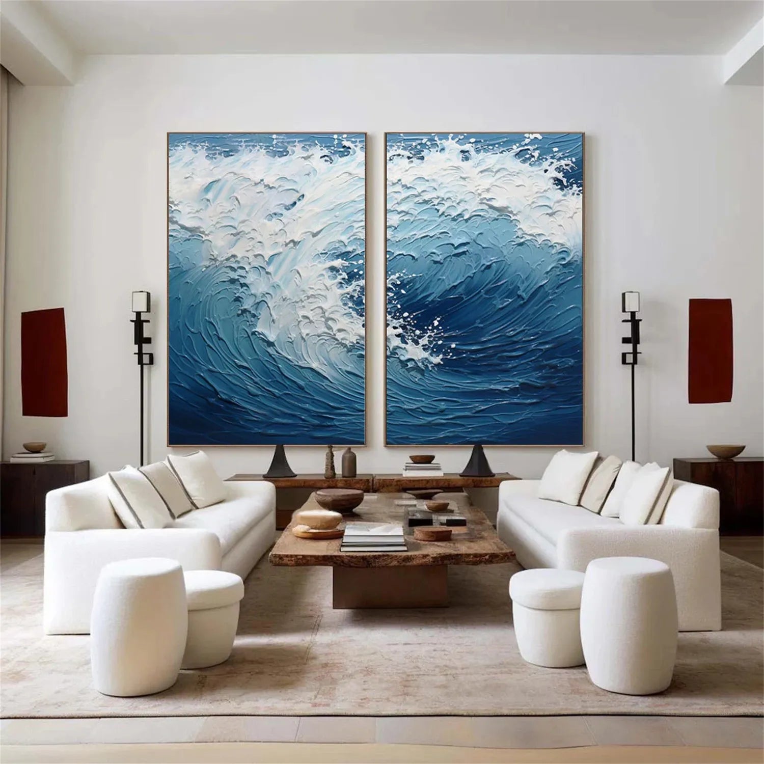 Textured Ocean Waves Canvas Art - Blue White Abstract Wall Decor #JJ 218
