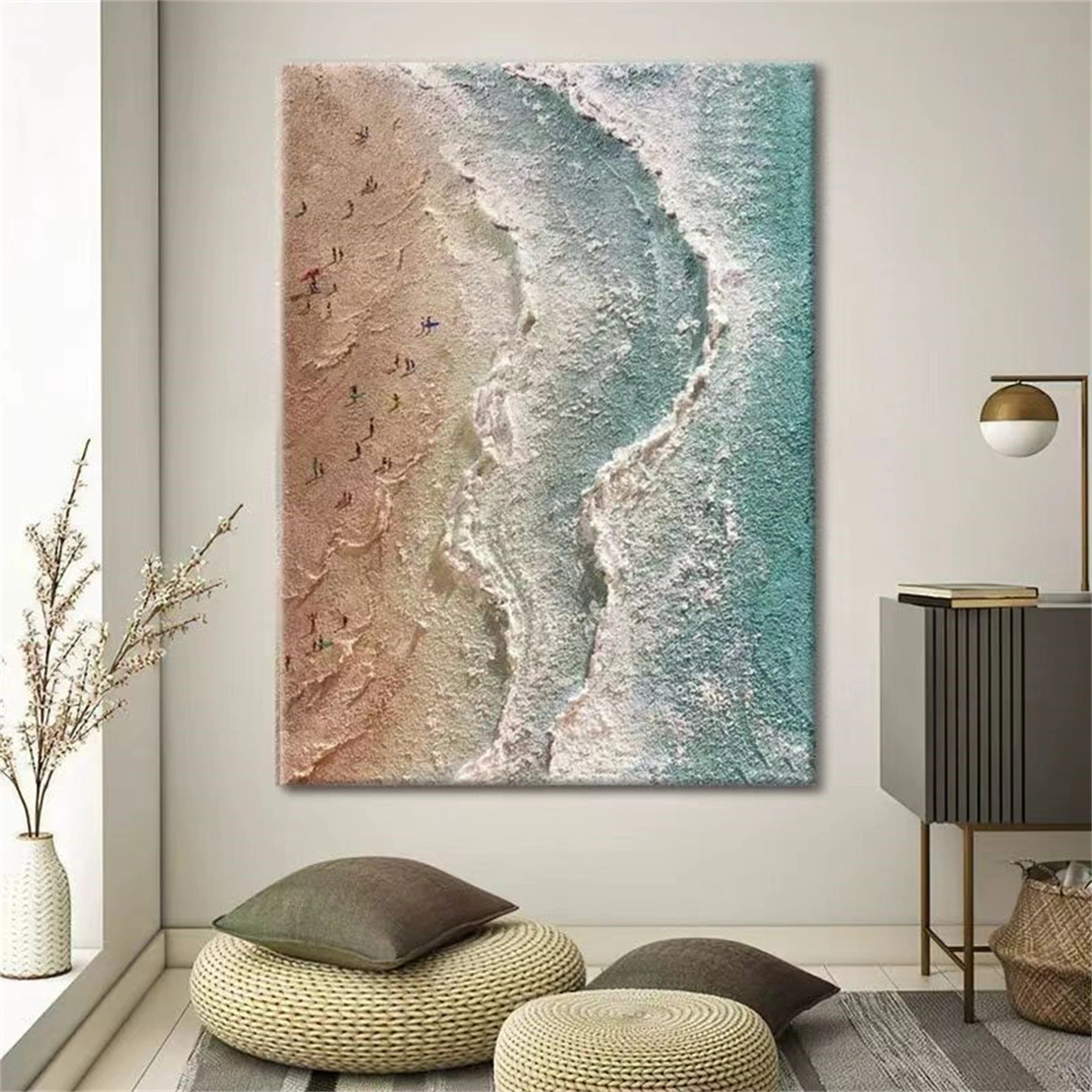 Large Textured Ocean Wall Art | Aerial Beach Scene Canvas Painting #ZZ 064