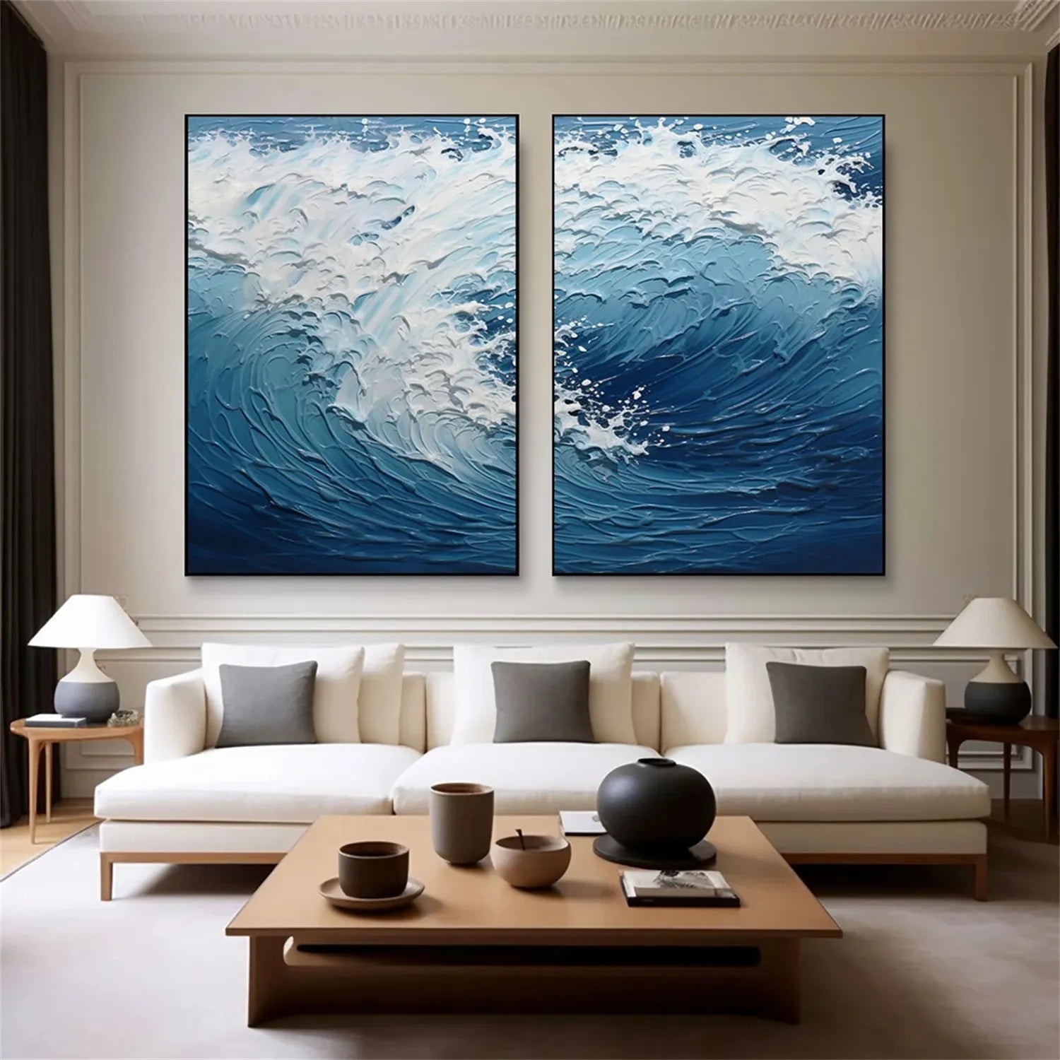 Textured Ocean Waves Canvas Art - Blue White Abstract Wall Decor #JJ 218