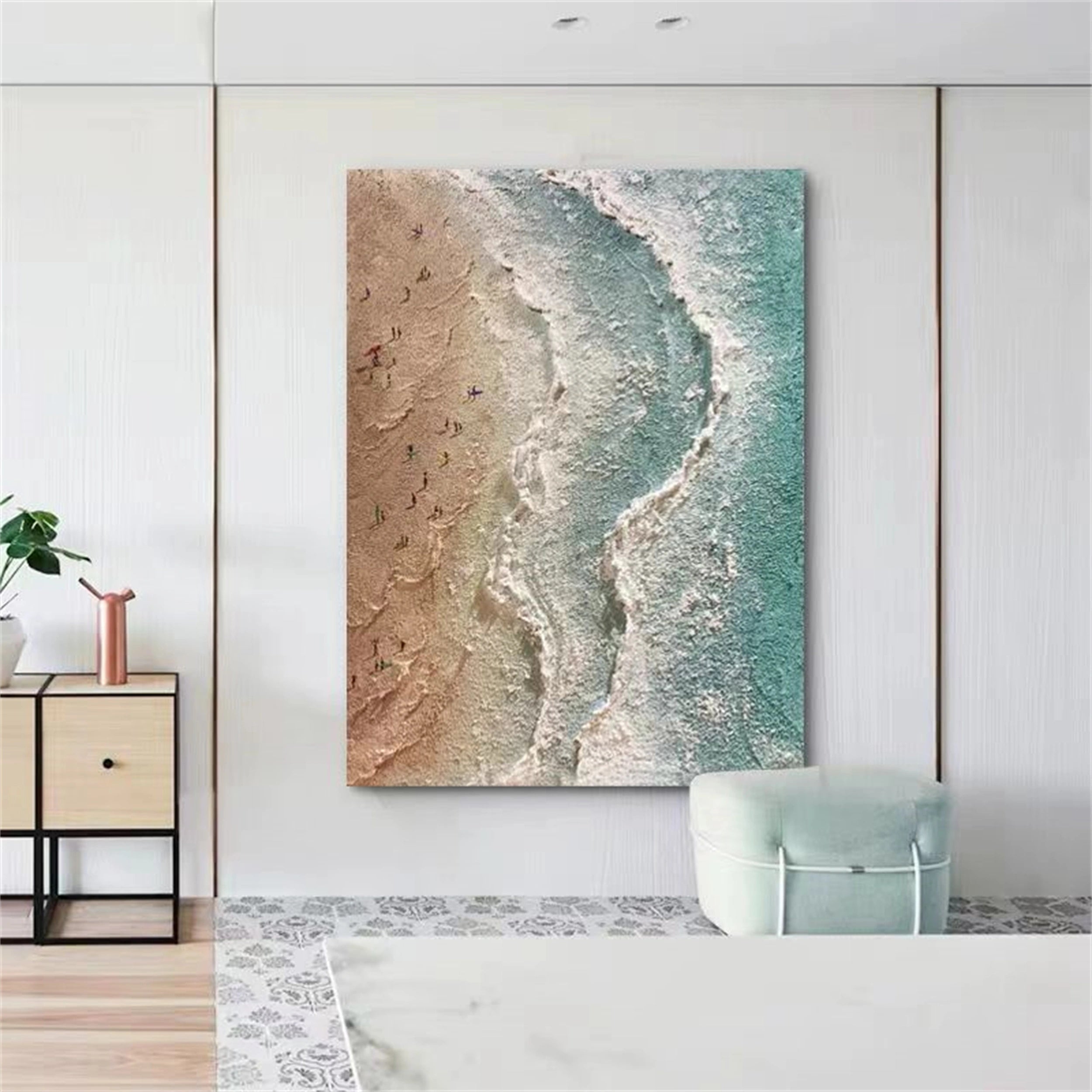 Large Textured Ocean Wall Art | Aerial Beach Scene Canvas Painting #ZZ 064