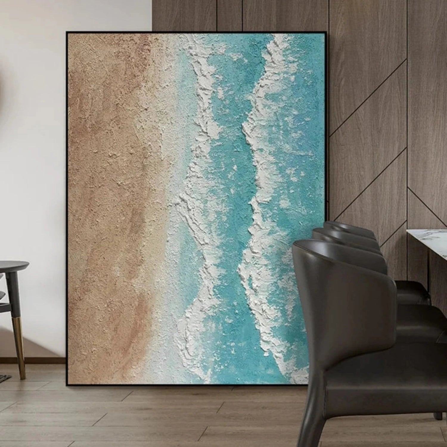 Calm Coastal Sand and Sea Textured Abstract - Beige Blue Minimalist Oil Painting #JJ 141