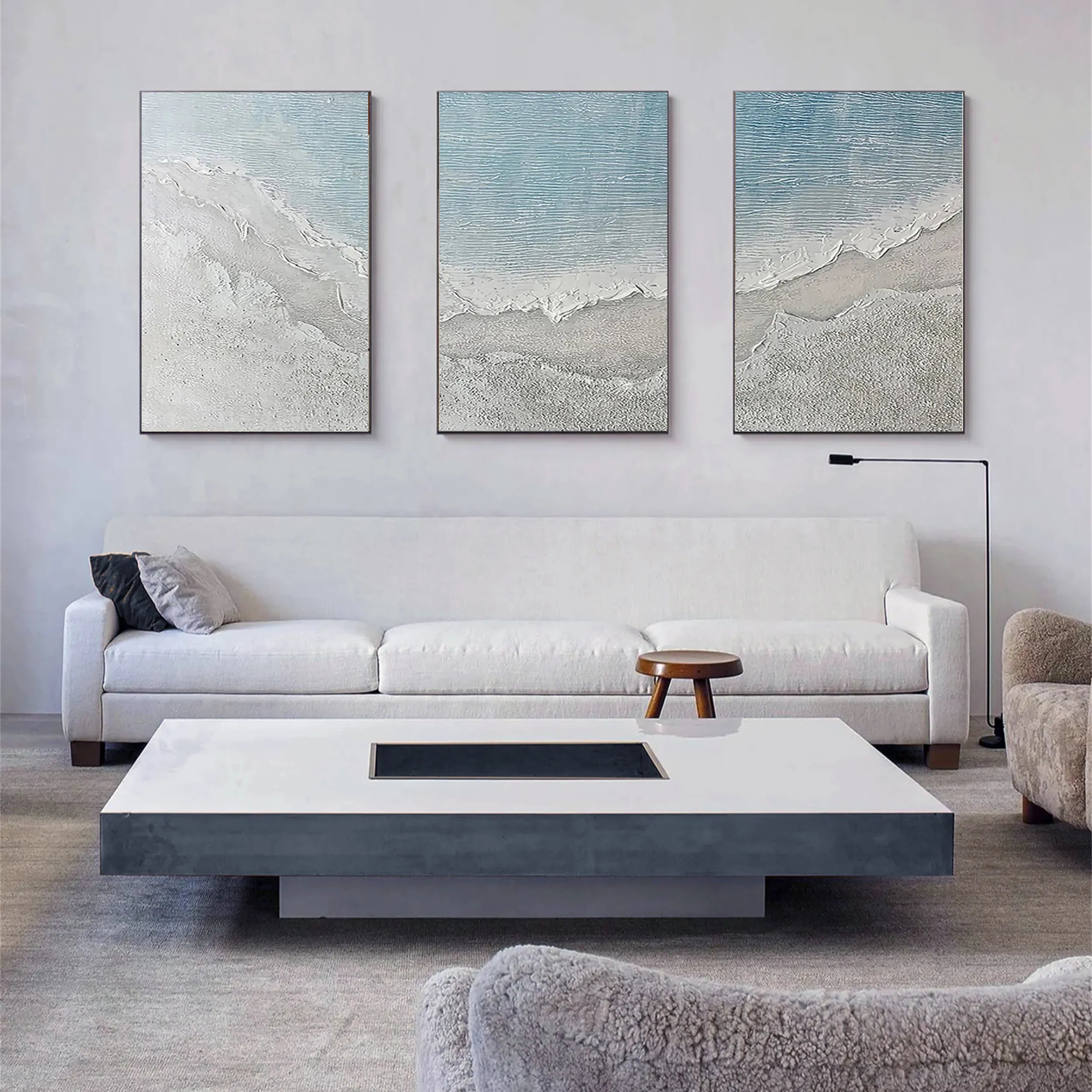Textured Neutral Wall Art Set of 3 Large Coastal Ocean Canvas #ZZ 060