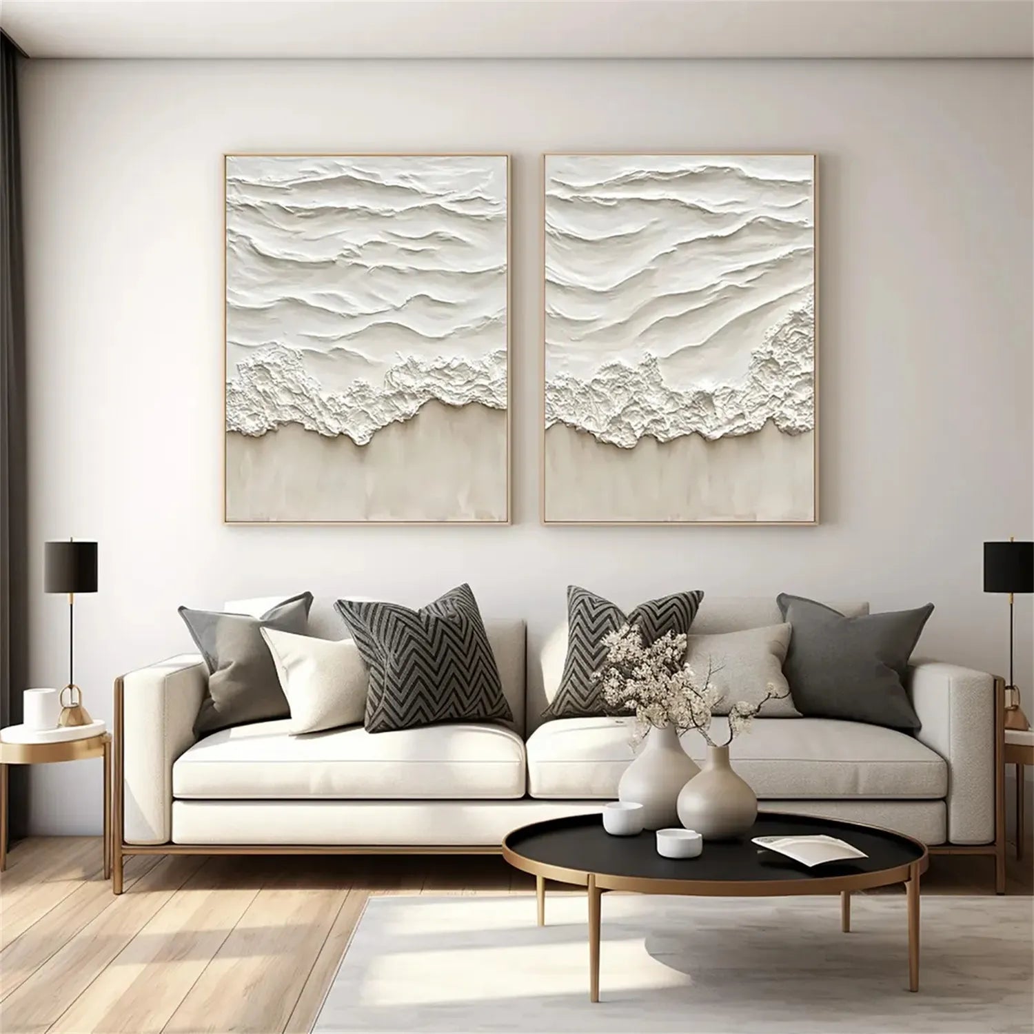 Oversized Contemporary Wall Art Textured Neutral Wave Set of 2 #ZZ 083