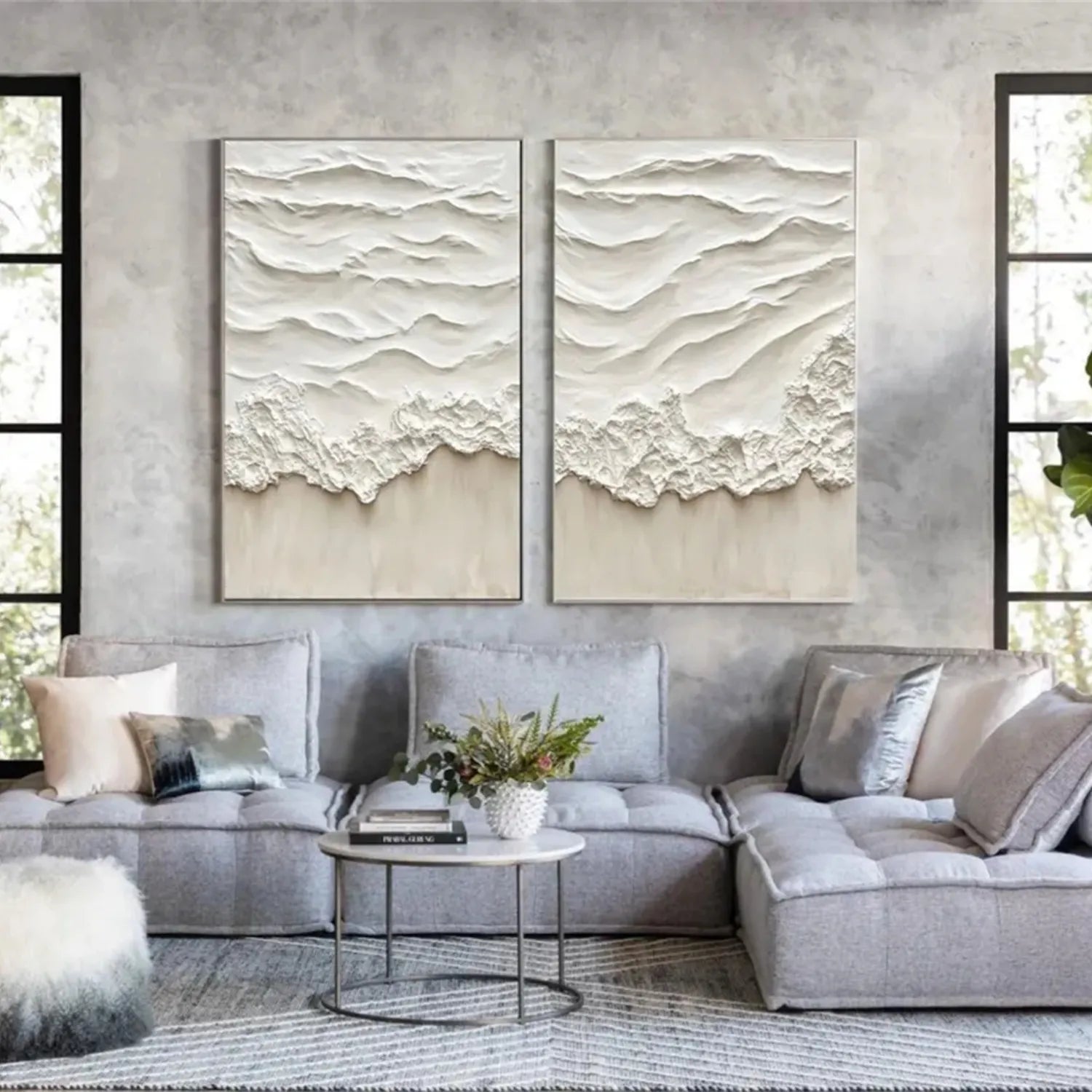 Oversized Contemporary Wall Art Textured Neutral Wave Set of 2 #ZZ 083
