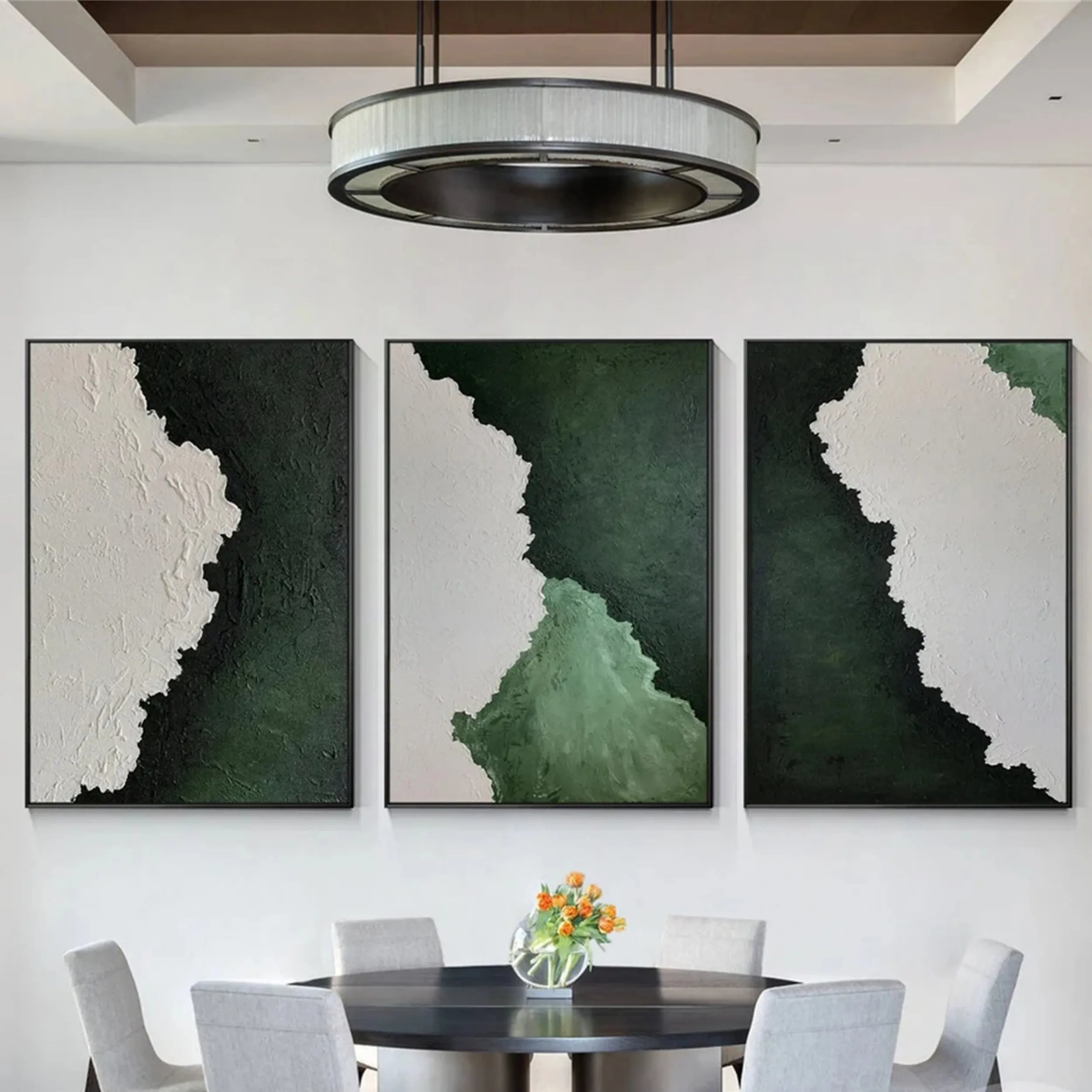 Modern Textured Green & White Wall Art-Abstract Art Set #JJ 213