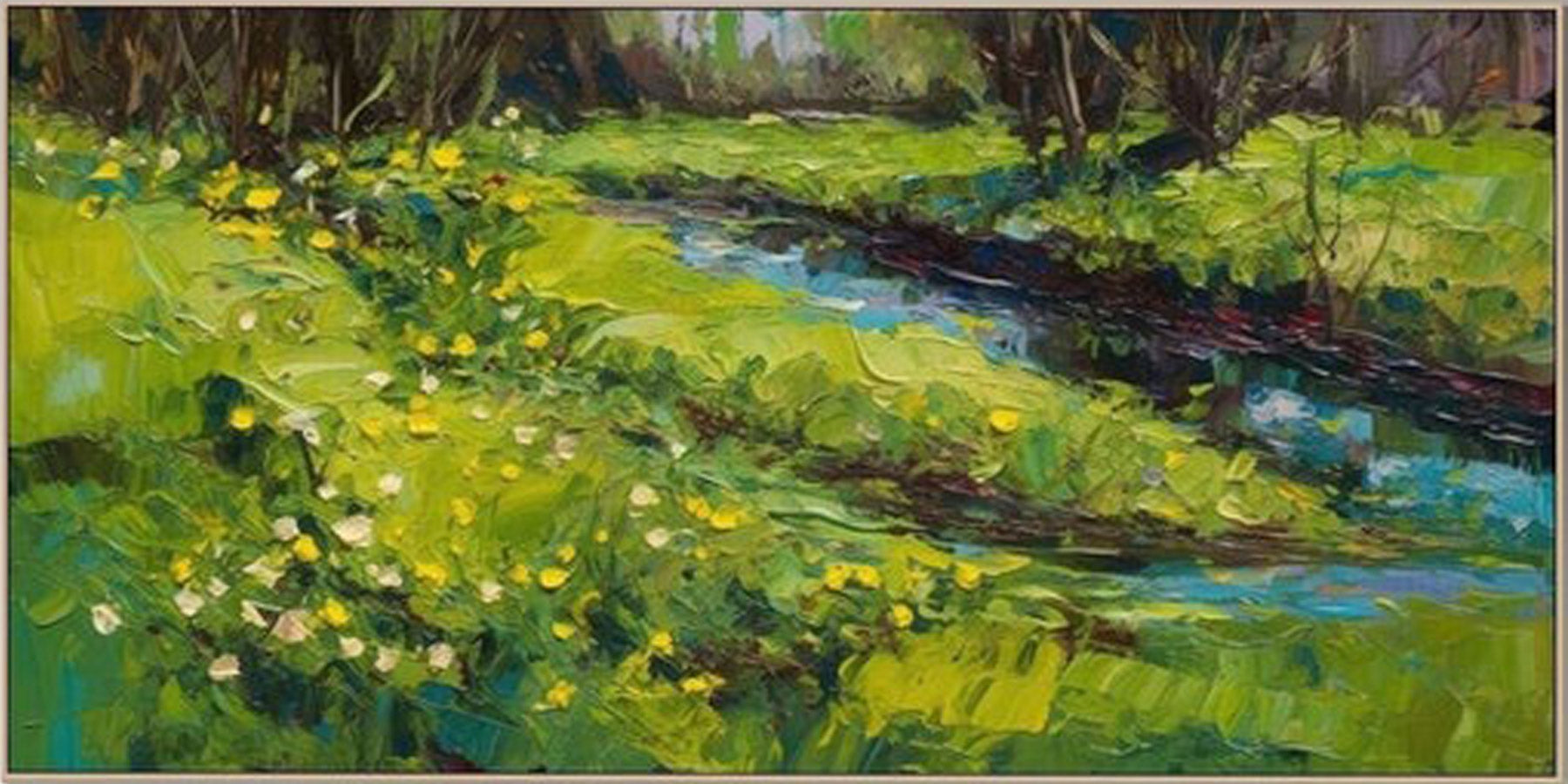 Buy Large Landscape Oil Painting | Vibrant Green Field & River Wall Art #TB 088
