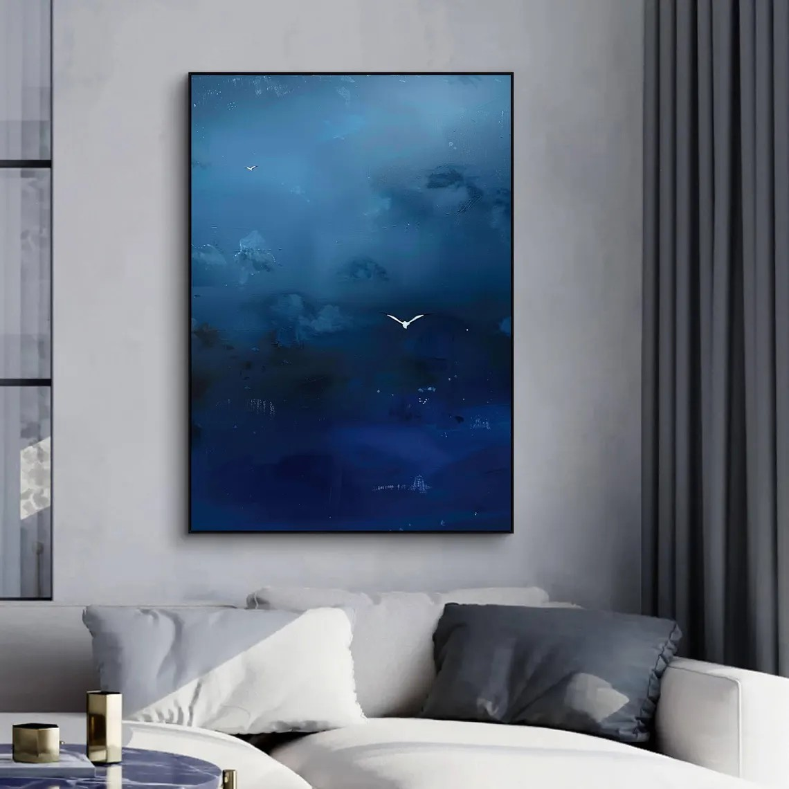 Deep Blue Abstract Oil Painting with Flying Birds Wall Art #TC 028