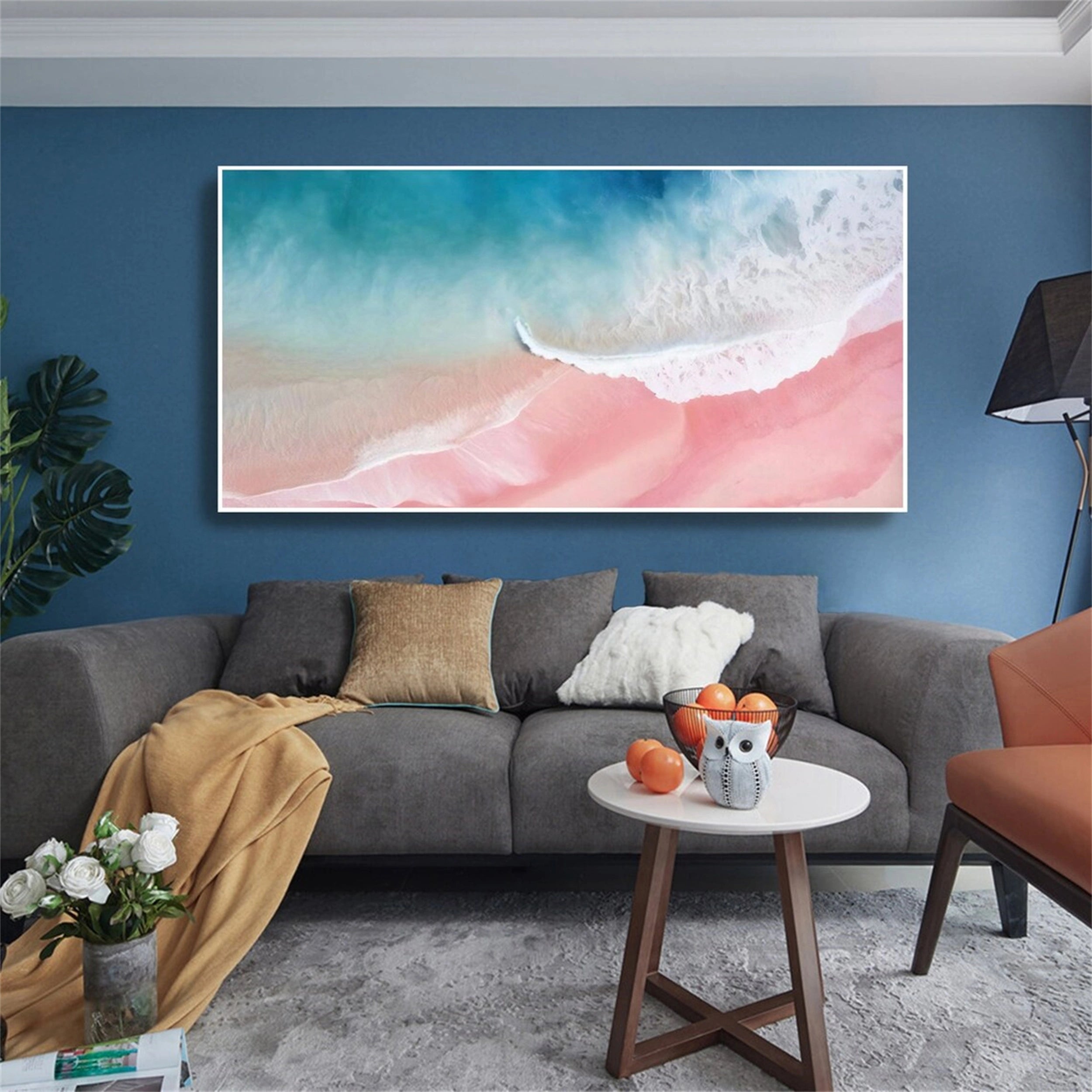Serene Pink Teal Aerial Beach Abstract Sea Waves Texture Painting Canvas #JJ 265