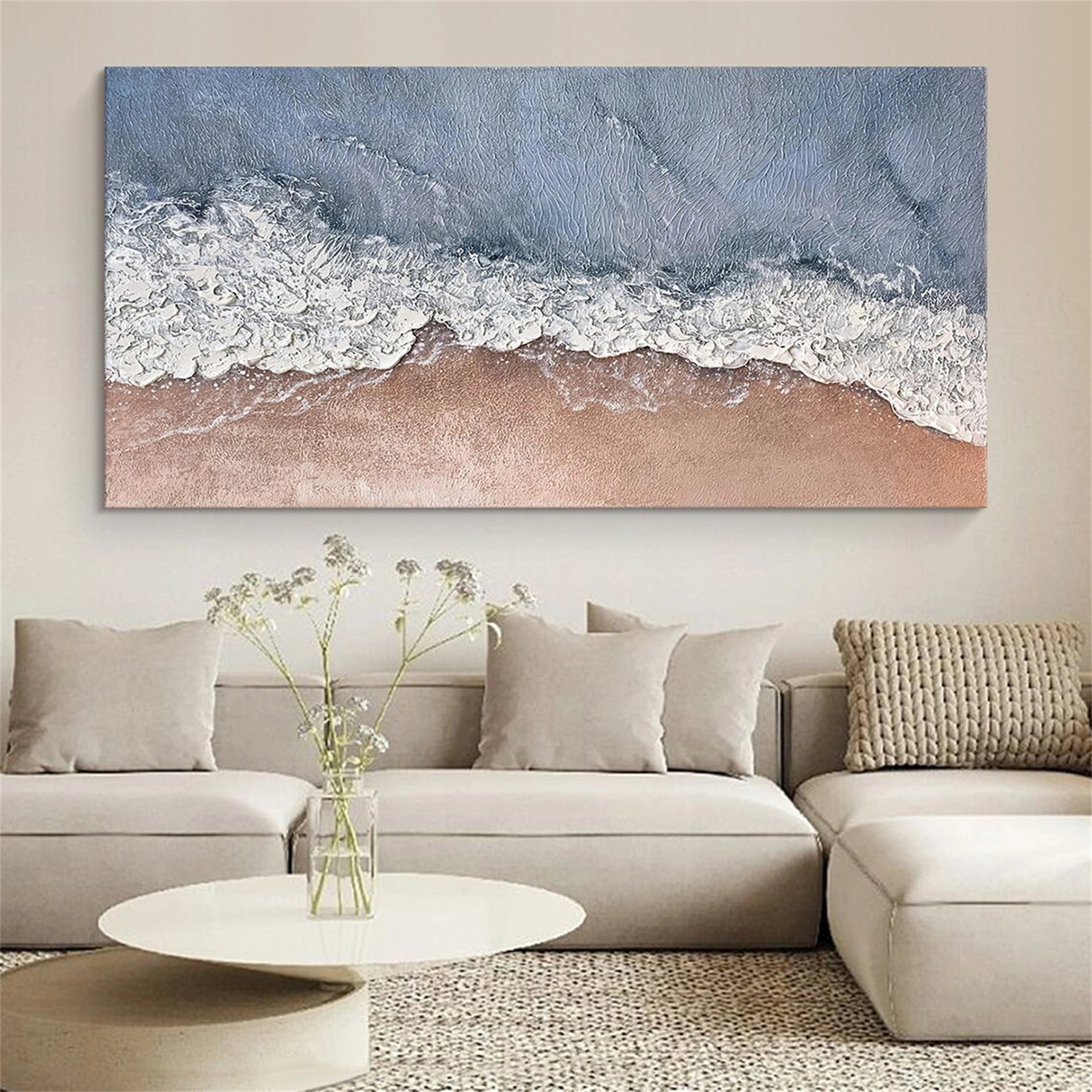 Wide Top-Down Coastal Textured Abstract - Blue White Beige Modern Oil Painting #JJ 175