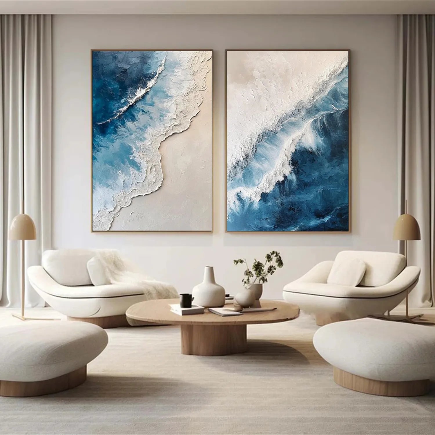 Large Abstract Ocean Wall Art Set of 2 | Textured Blue Wave Painting #ZZ 059