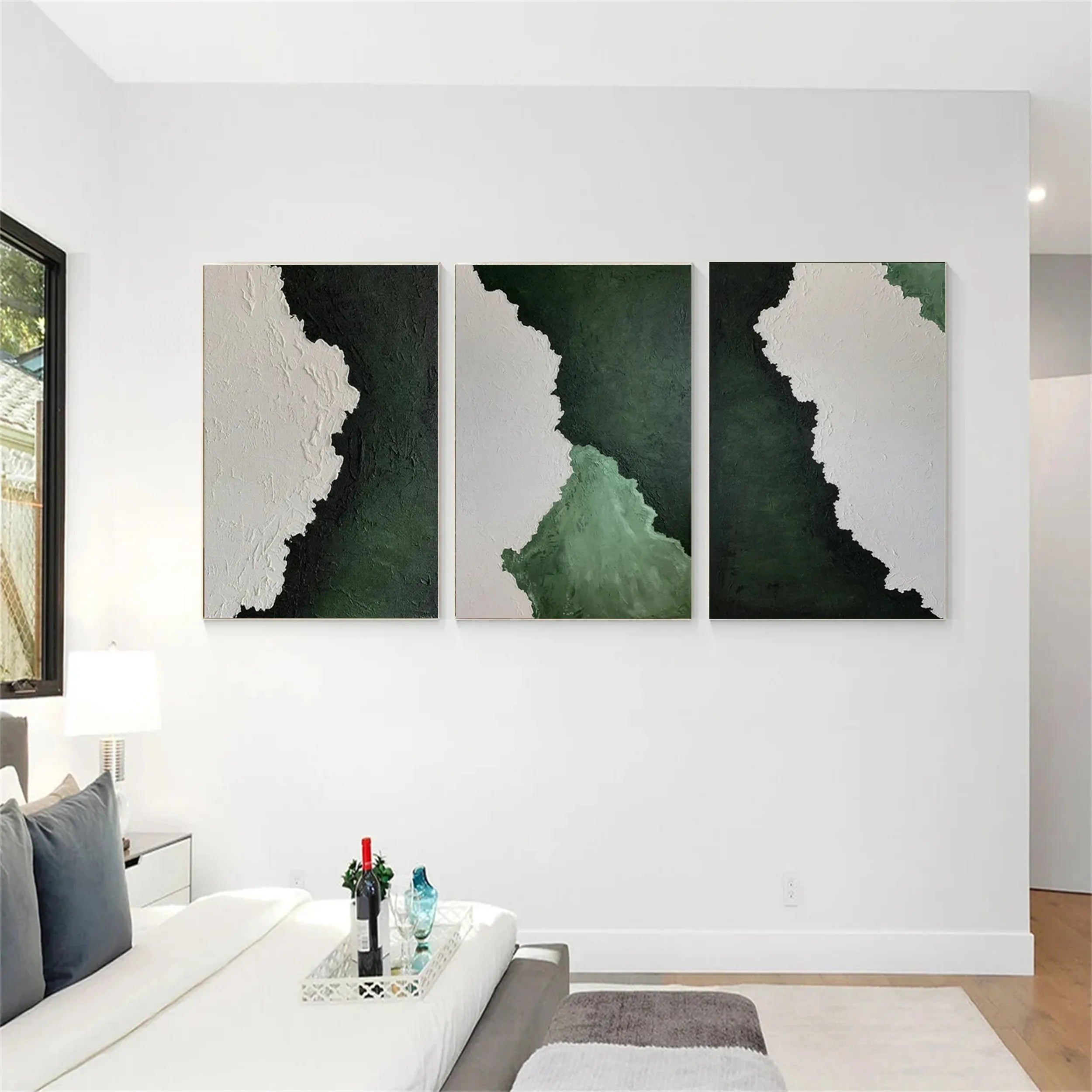Modern Textured Green & White Wall Art-Abstract Art Set #JJ 213