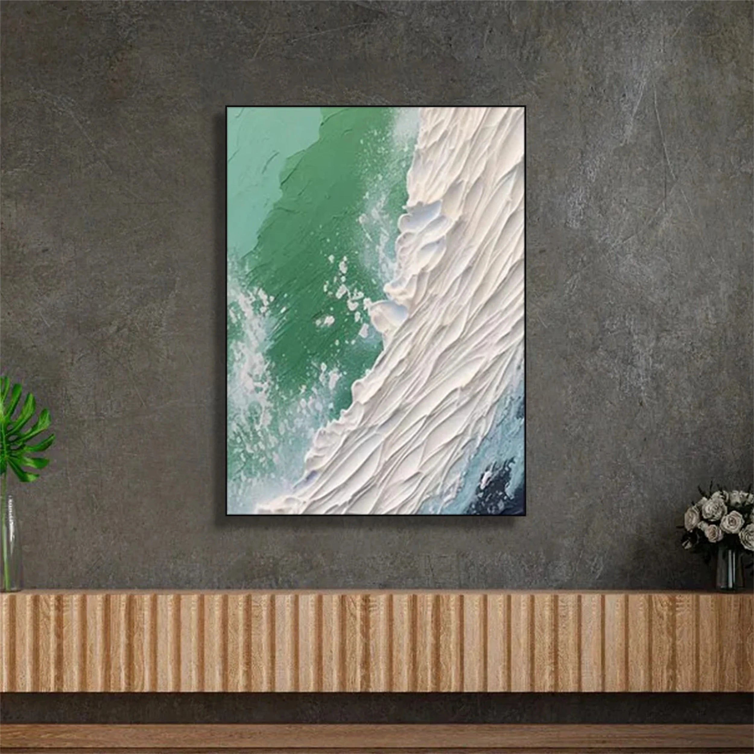 Emerald Surf Abstract Wall Art – Textured Ocean Canvas #JJ 228