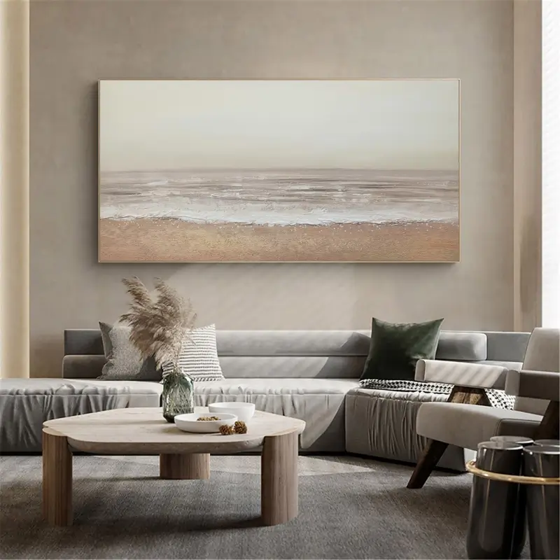 Neutral Coastal Horizon Art | Textured Sand & Wave Abstract Painting #JJ 158