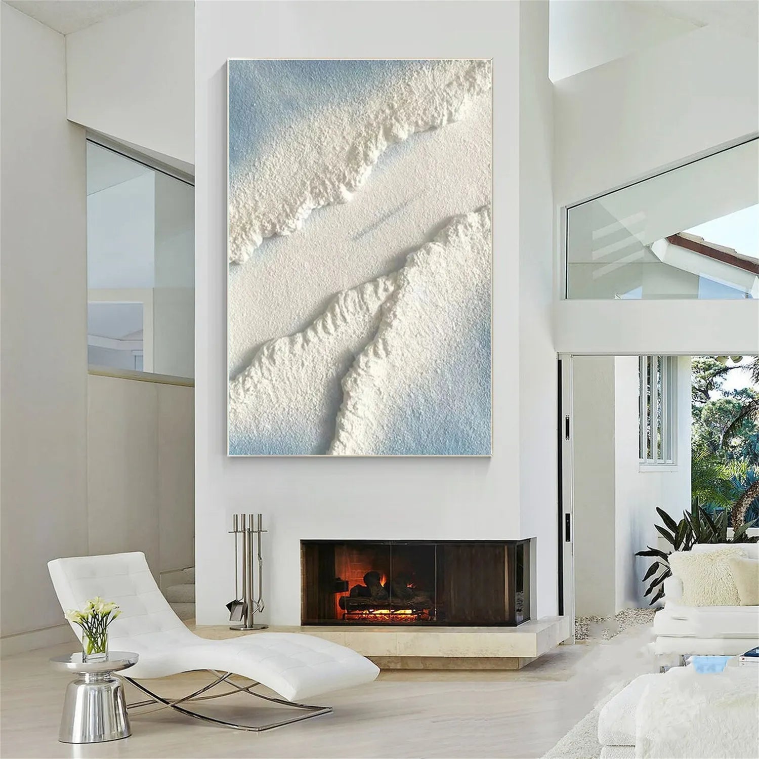 Blue and White Textured Beach Abstract Oil Painting - Modern Serene Art #JJ 125
