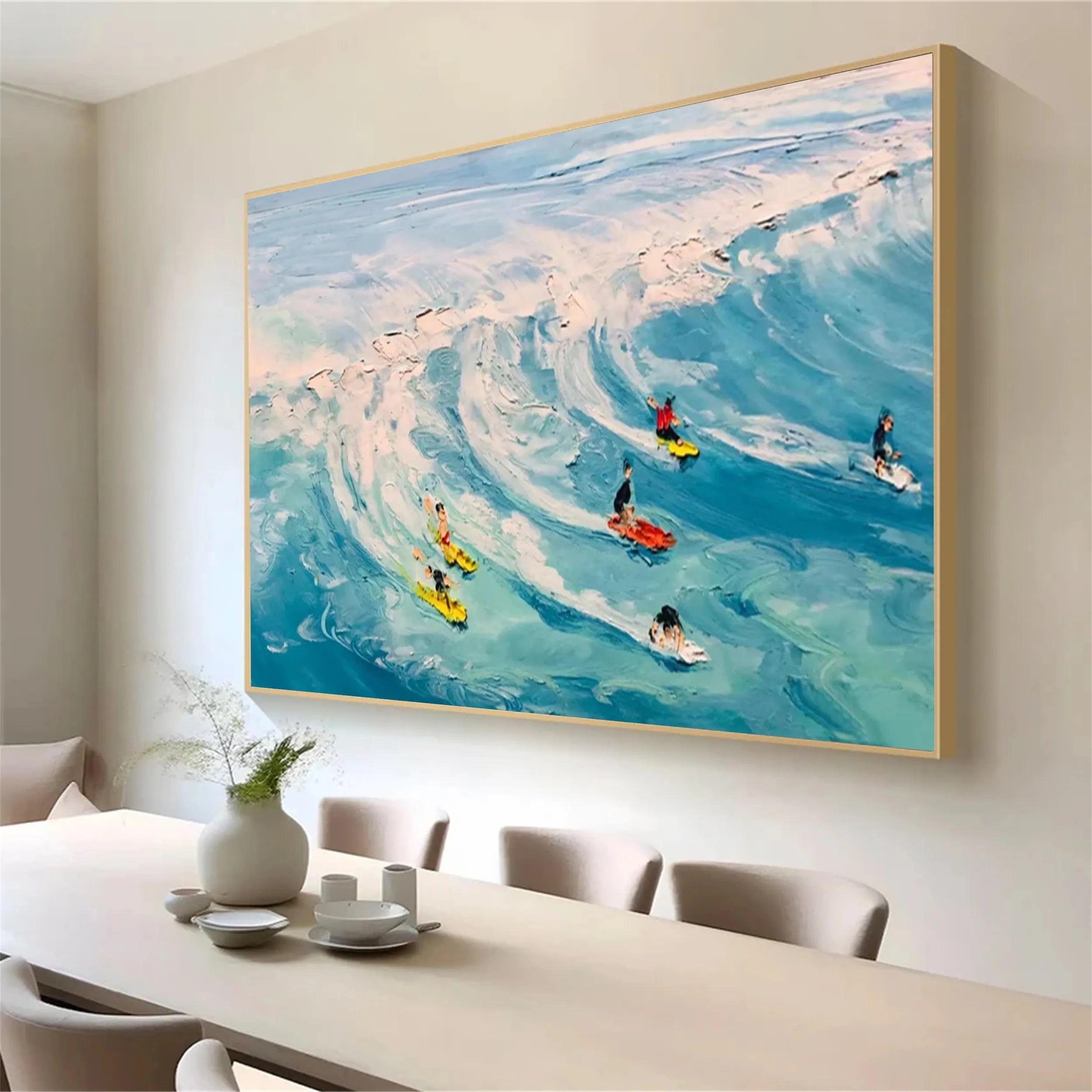 Textured Seascape Oil Painting - Light Blue Beige Art Deco #JJ 190