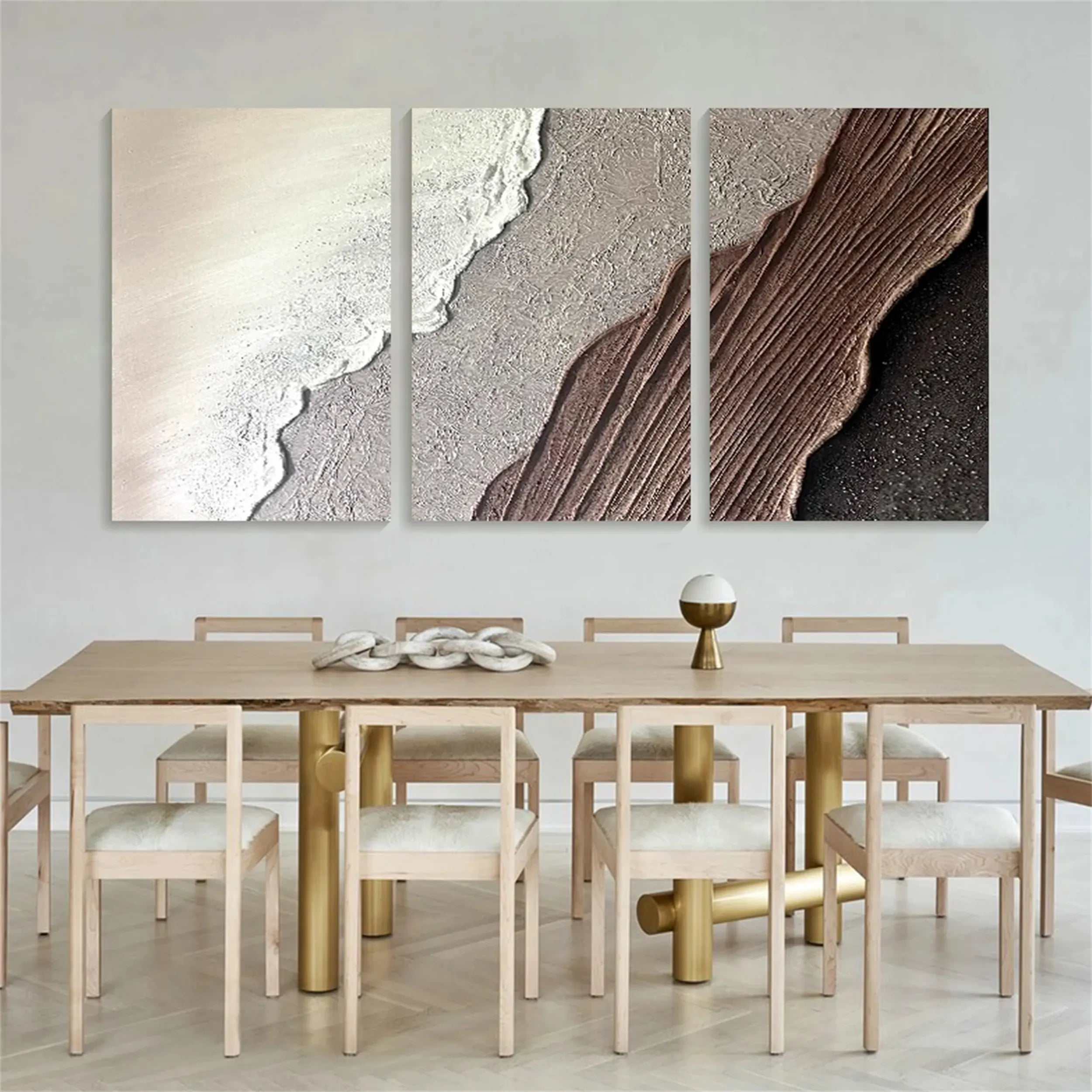 Large Wall Art Set of 3 Beach Art -Abstract Texture Brown Sea Oil Painting #JJ 283