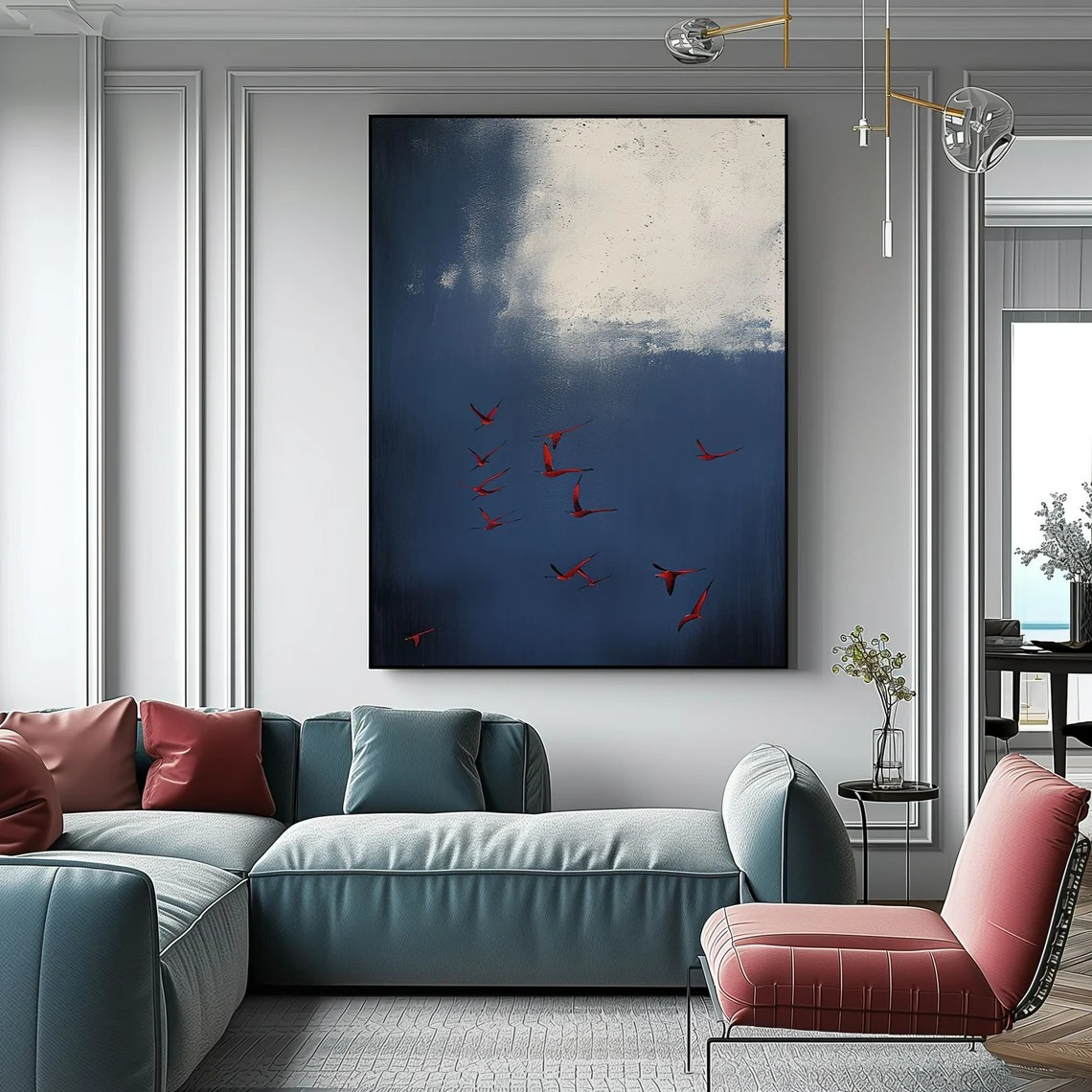 Abstract Birds Hand-Painted Oil Painting | Modern Minimalist Sky Artwork #TC 022