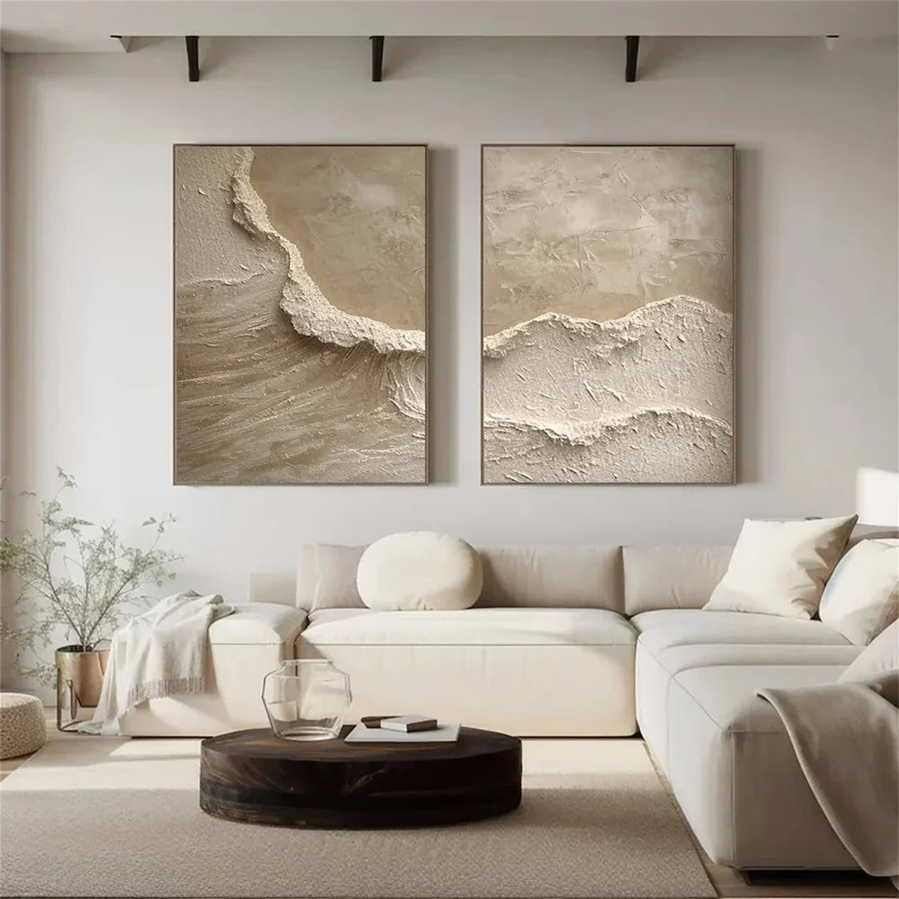 Textured Abstract Wave Oil Painting | Large Beige Wall Art Set of 2 #ZZ 010