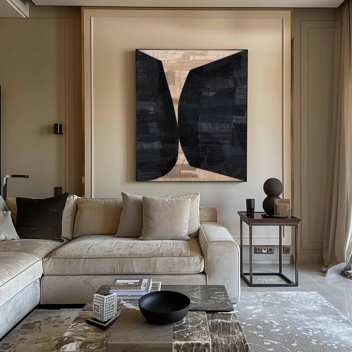 Large Vertical Modern Geometric Art - Black & Beige Contrast #TC 049