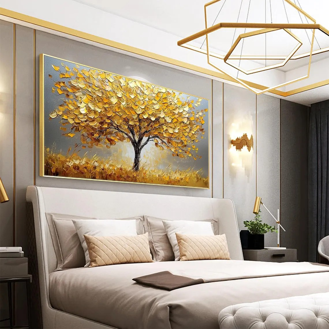 Panoramic Golden Tree Abstract Oil Painting - Textured Art #JJ 042