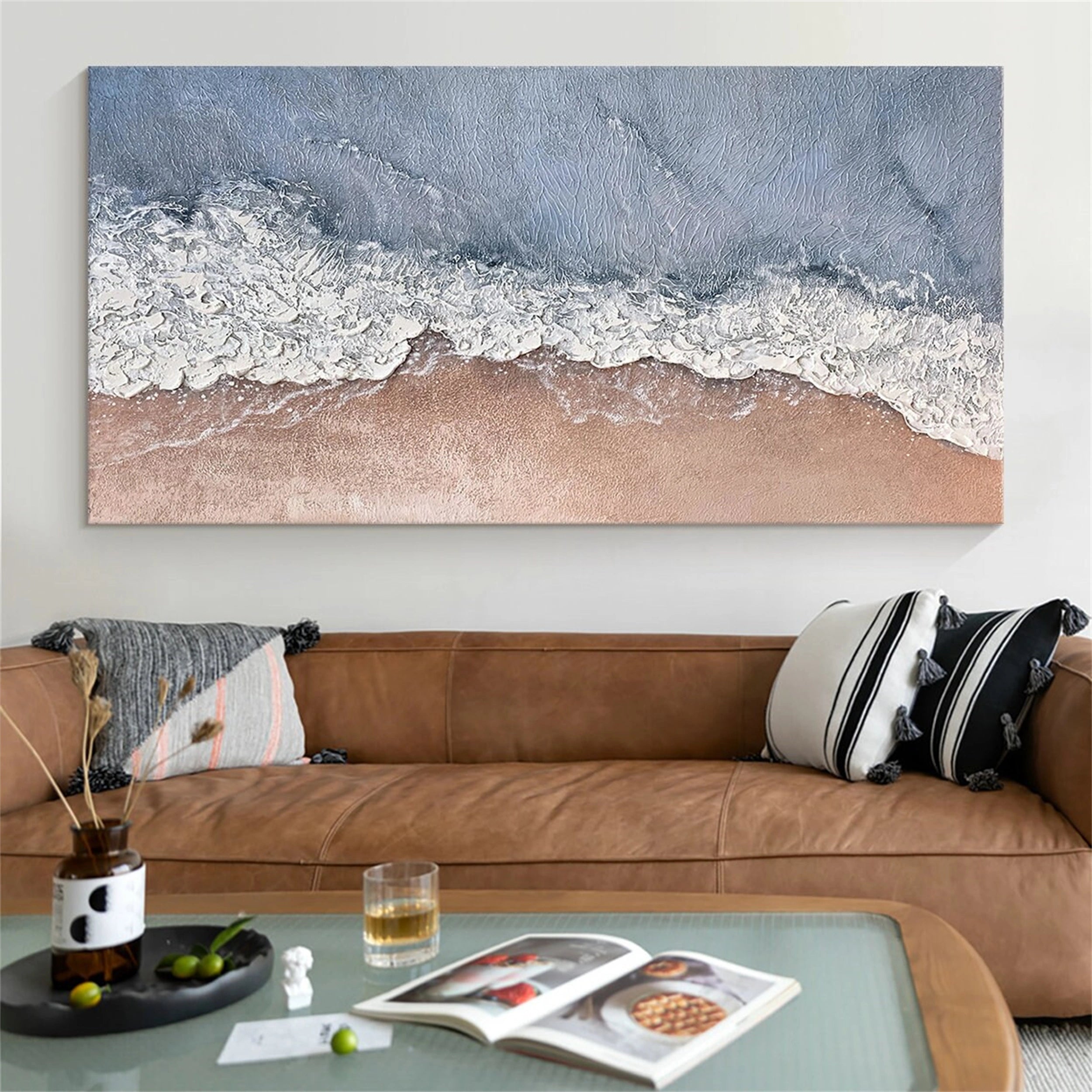 Wide Top-Down Coastal Textured Abstract - Blue White Beige Modern Oil Painting #JJ 175