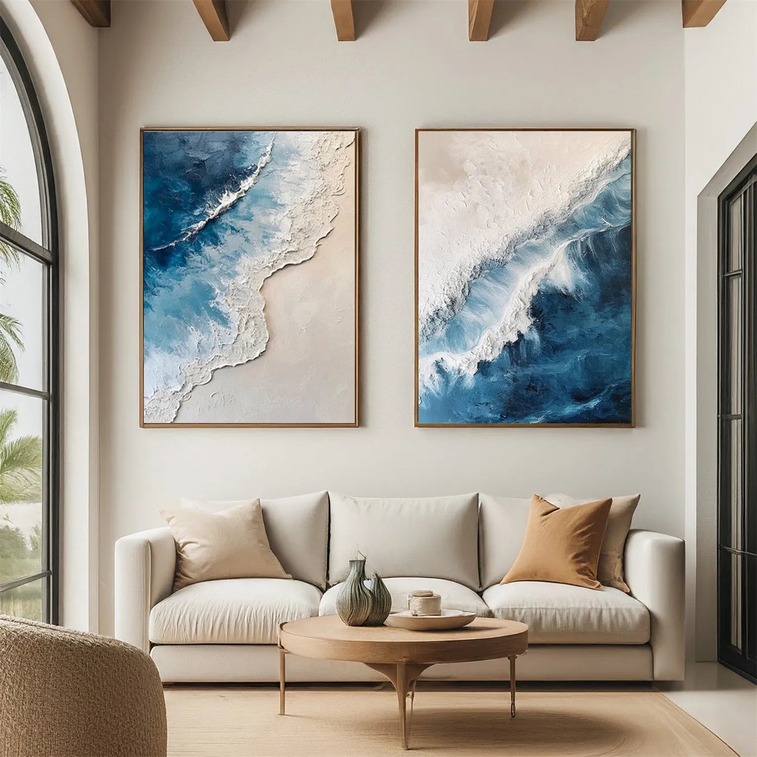 Large Abstract Ocean Wall Art Set of 2 | Textured Blue Wave Painting #ZZ 059