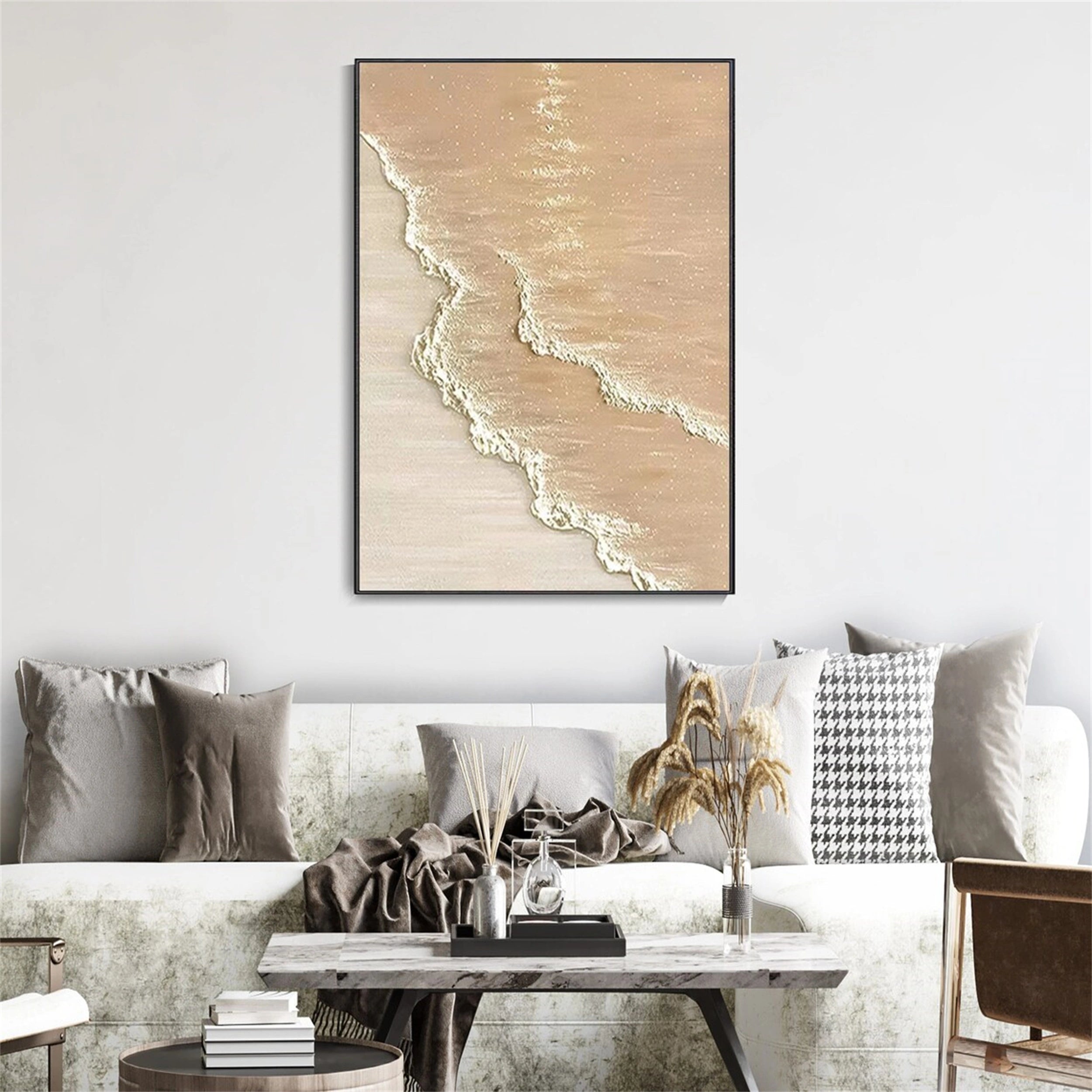 Calm Coastal Sand Textured Abstract - Beige and White Minimalist Oil Painting #JJ 133