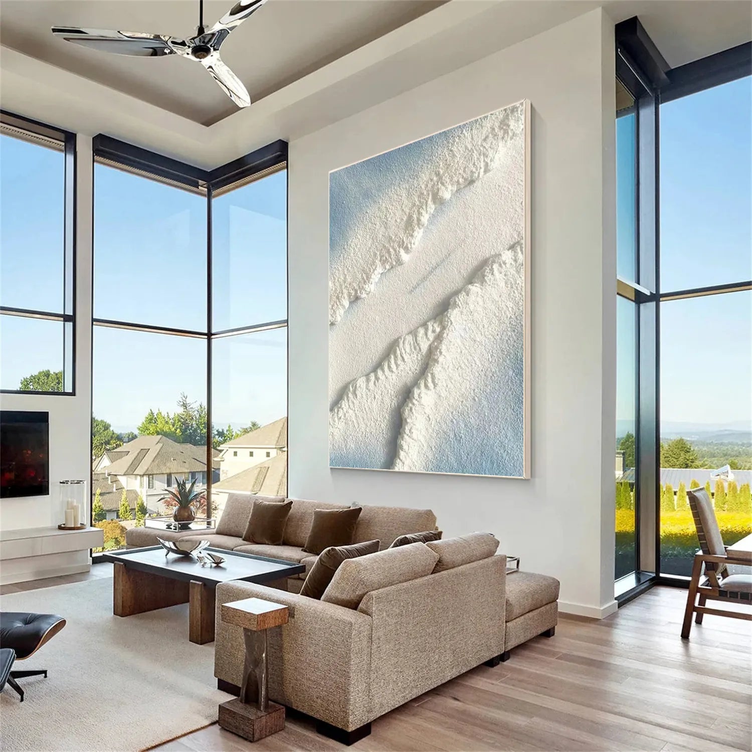 Blue and White Textured Beach Abstract Oil Painting - Modern Serene Art #JJ 125