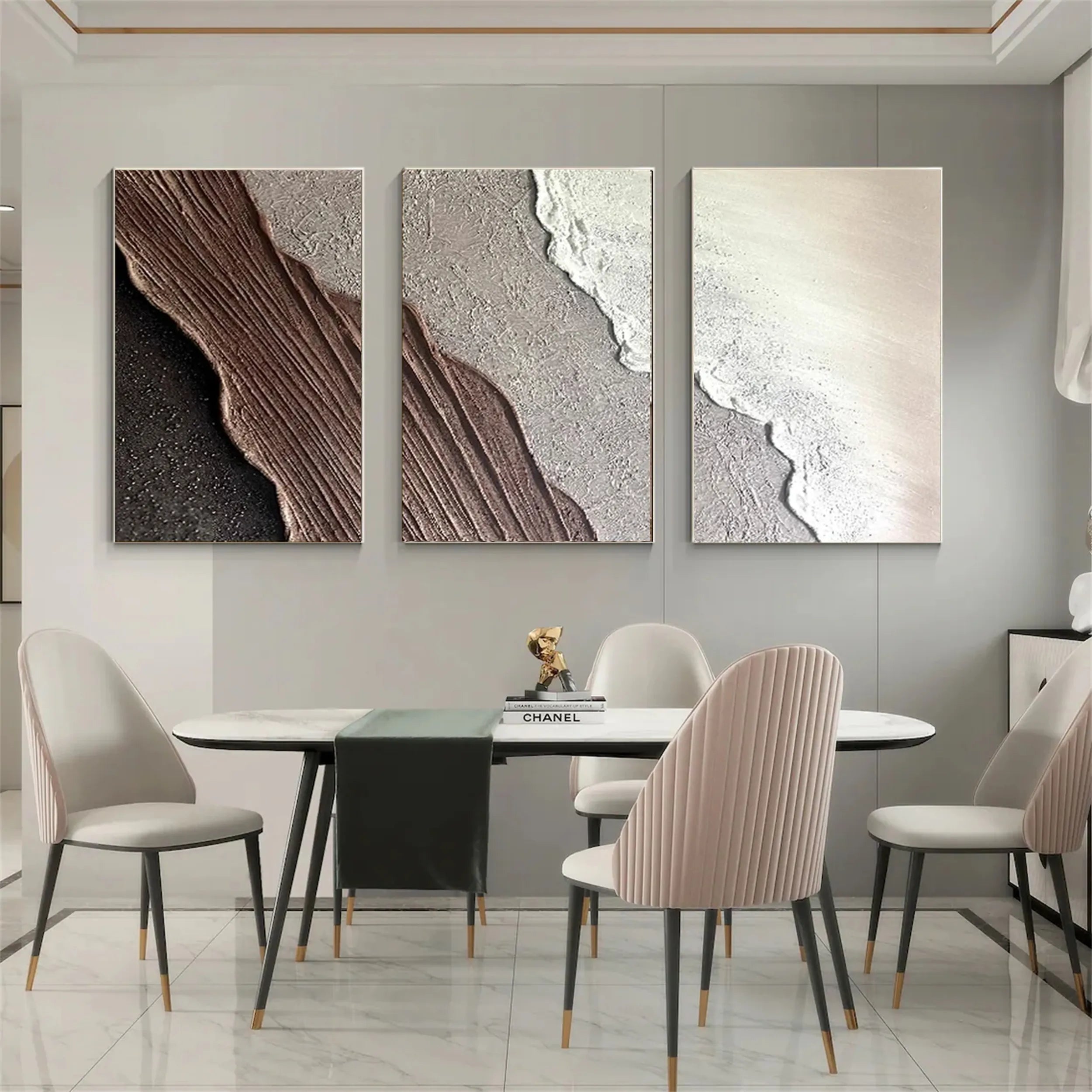 Large Wall Art Set of 3 Beach Art -Abstract Texture Brown Sea Oil Painting #JJ 283