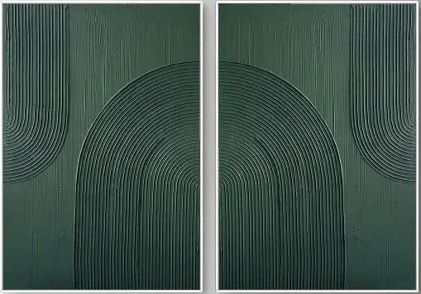 3D Linear Green Painting Set | Modern Textured Abstract Wall Art Pair #JJ 083