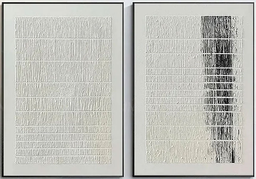 Minimalist Textured Line Abstract Diptych - Black & White Art #JJ 027