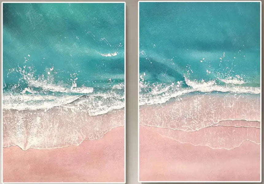 Pink Sand Blue Ocean Art - Aerial Beach Painting Wall Decor #JJ 196