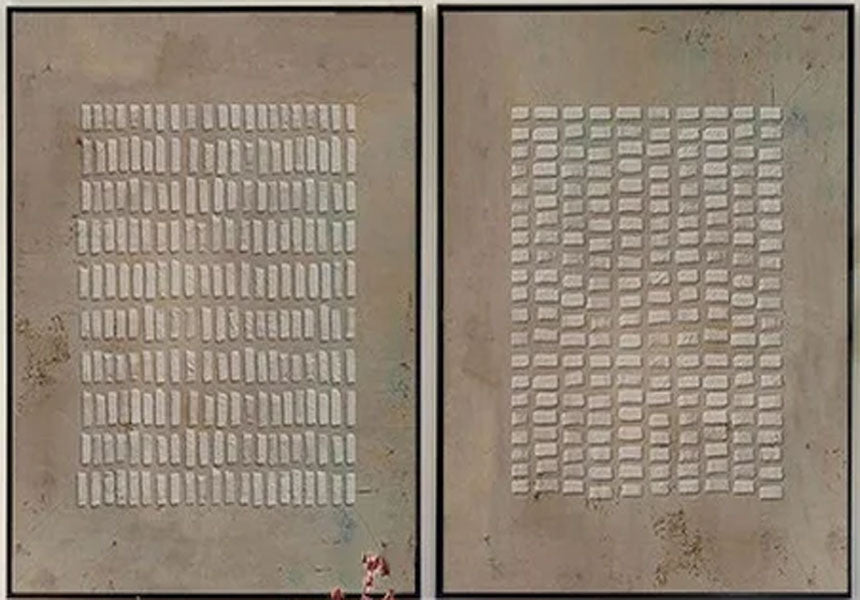 Simple Grid Abstract Oil Art (Set of 2) - Textured Neutral #JJ 015