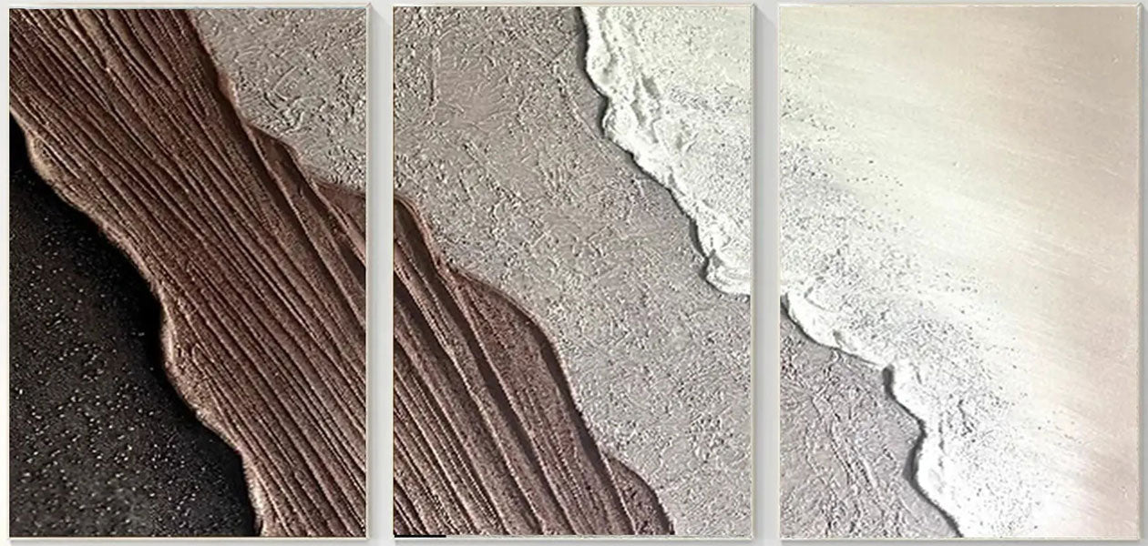 Large Wall Art Set of 3 Beach Art -Abstract Texture Brown Sea Oil Painting #JJ 283