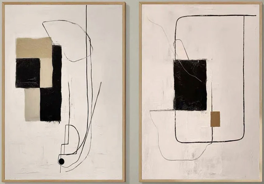 Modern Minimalist Abstract Diptych, Beige Black Khaki Geo #TB 083